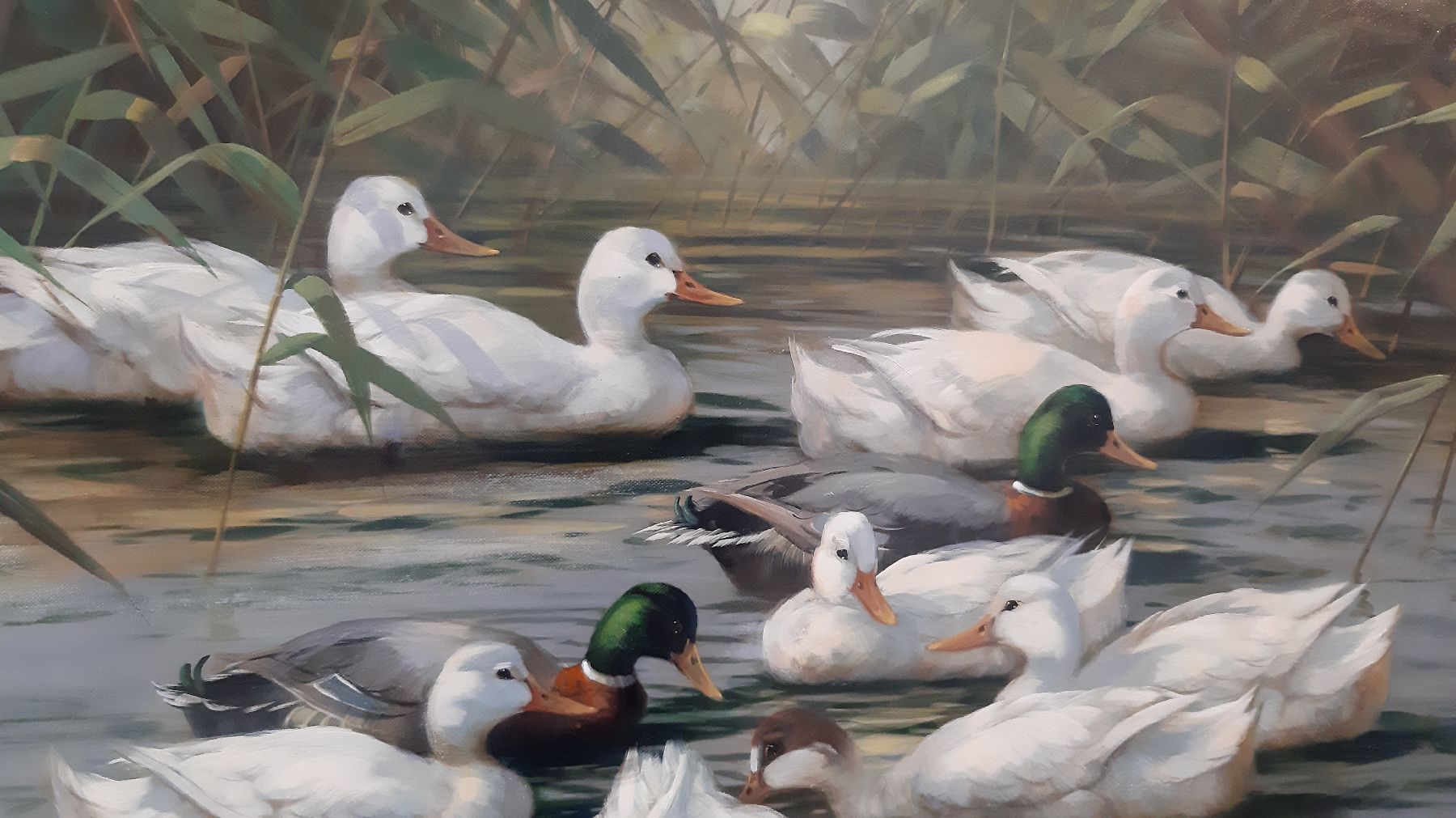 Detail h: Hubert Kaplan, geb. 1940 in München, Enten auf dem See, 11 Enten und 7 Küken, Öl/Lwd, links unten signiert und dat. 92, ca. 60x80cm, R. ca. ...