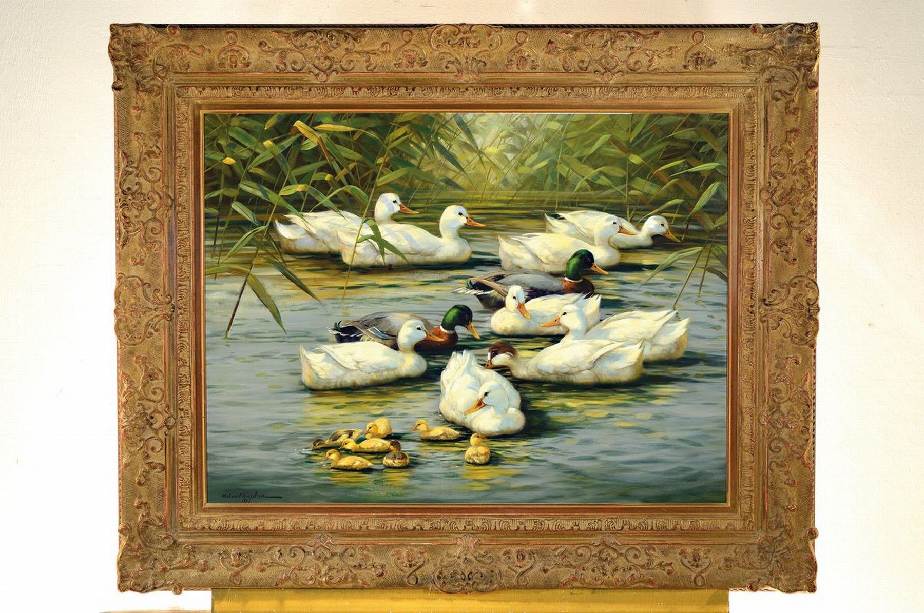 Detail k: Hubert Kaplan, geb. 1940 in München, Enten auf dem See, 11 Enten und 7 Küken, Öl/Lwd, links unten signiert und dat. 92, ca. 60x80cm, R. ca. ...