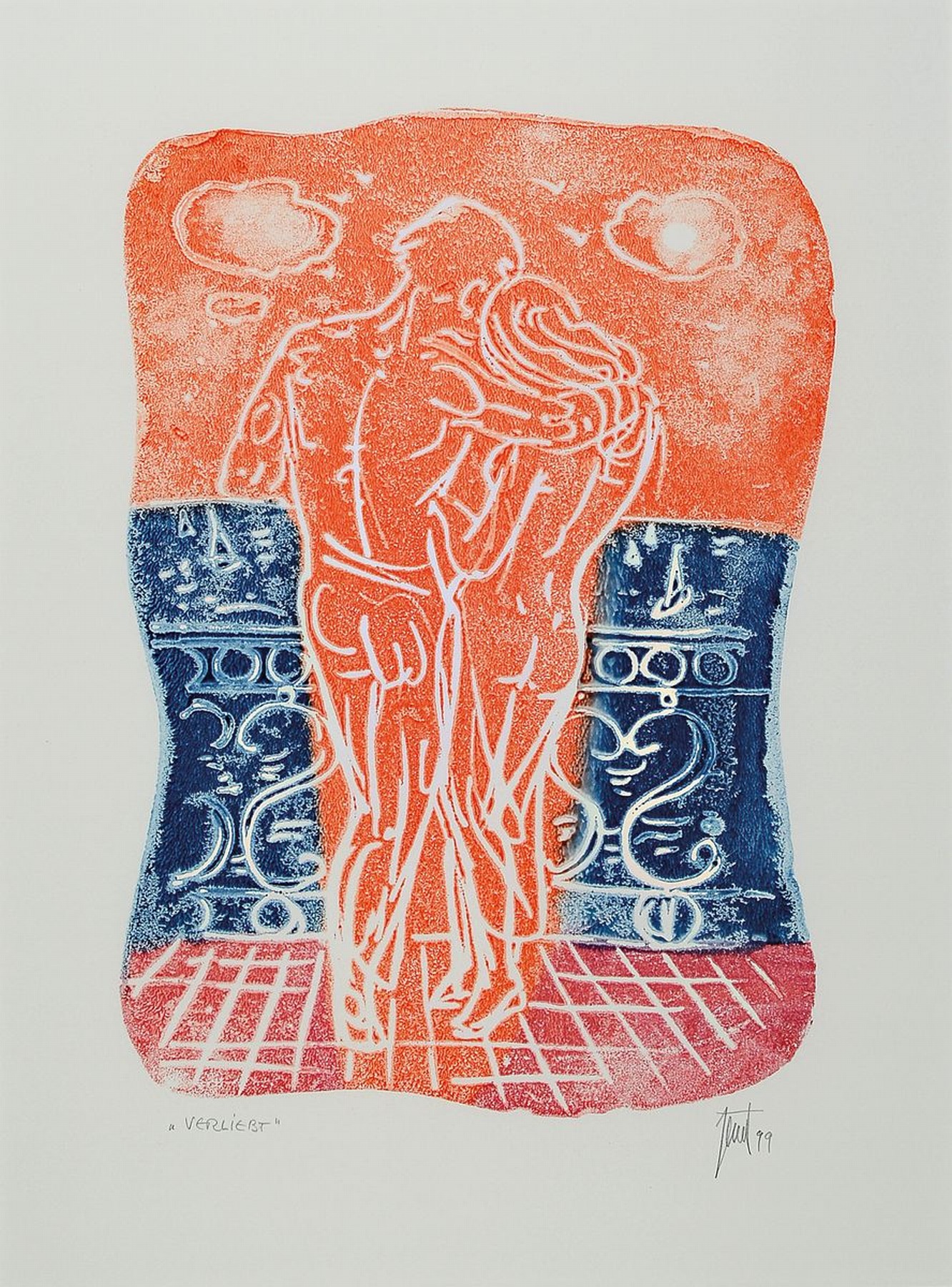 Georg Günter Zeuner, 1923 Dresden-2011 Speyer, "Verliebt", Farbholzschnitt, handsigniert, betitelt, ca. 42x30cm, PP, u.Gl., R. ca. 85x65cm