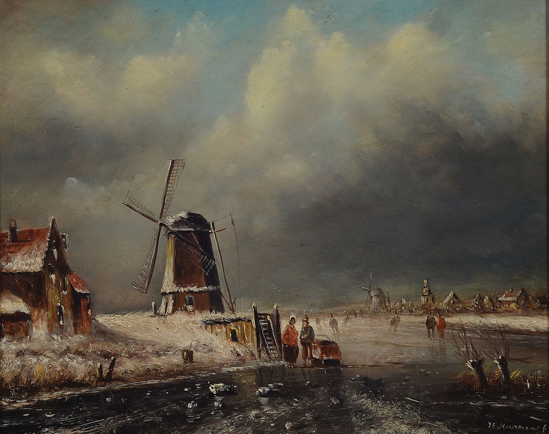 J.E. Moermans, niederländischer Traditionalist, Winterlandschaft mit Windmühle und Schlittschuhläufern, Eisvergnügen im Stil der alten Meister, ...