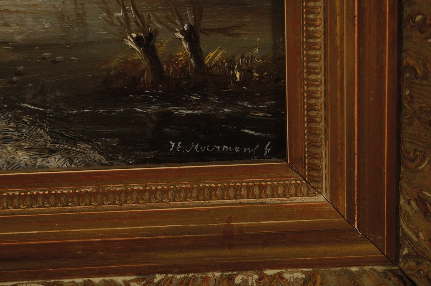 Detail a: J.E. Moermans, niederländischer Traditionalist, Winterlandschaft mit Windmühle und Schlittschuhläufern, Eisvergnügen im Stil der alten Meister, ...