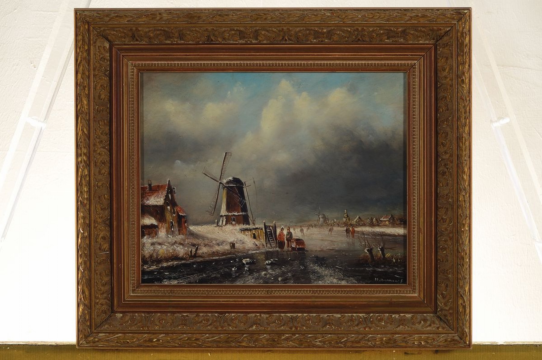 Detail k: J.E. Moermans, niederländischer Traditionalist, Winterlandschaft mit Windmühle und Schlittschuhläufern, Eisvergnügen im Stil der alten Meister, ...