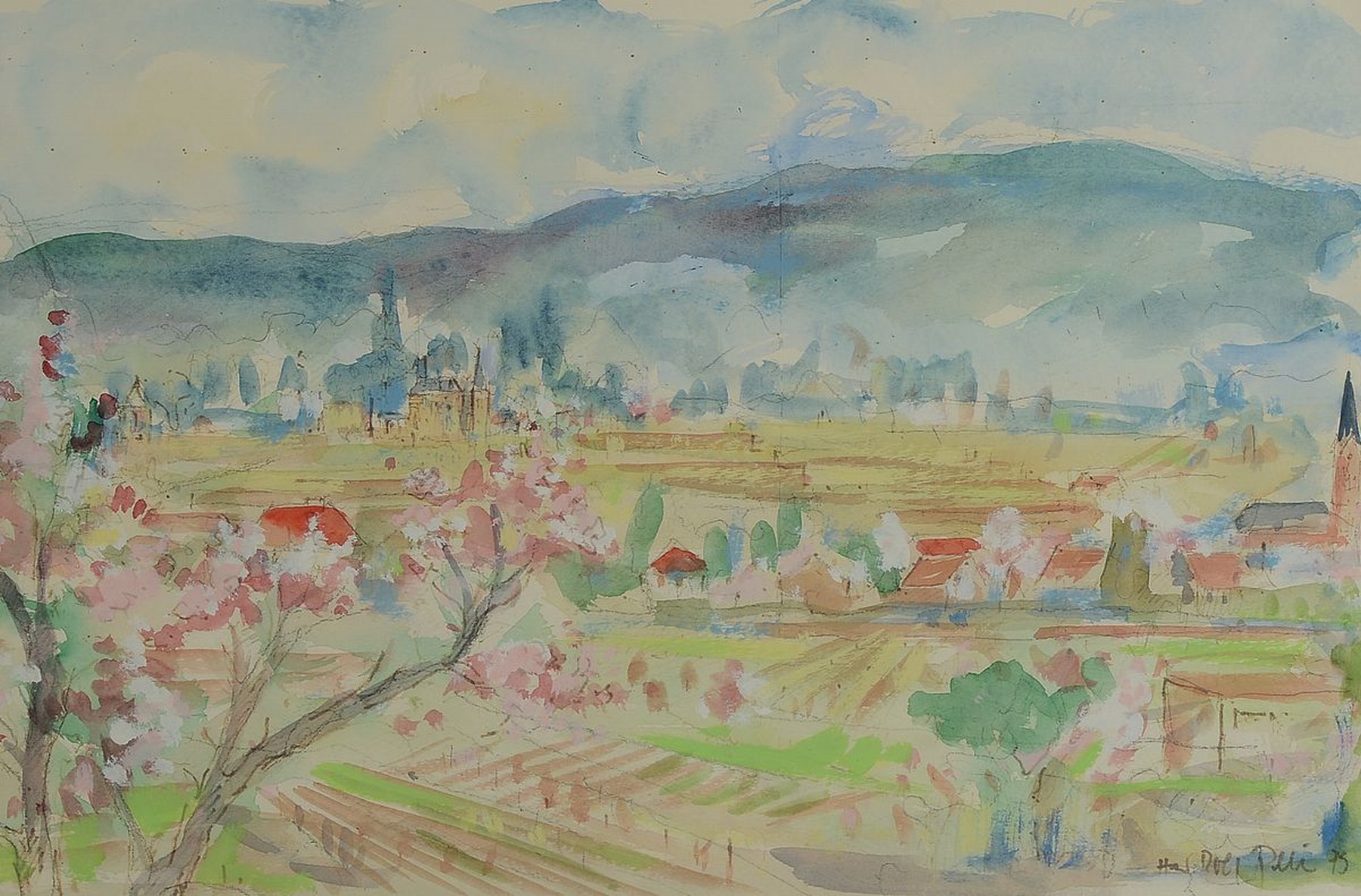 Hans Rolf Peter, 1926-2020 Neustadt a.d.Weinstr., 2 Arbeiten: Blick auf Gimmeldingen, Aquarell, rechts unten signiert und dat. 75, ca. 32x48cm, PP, ...