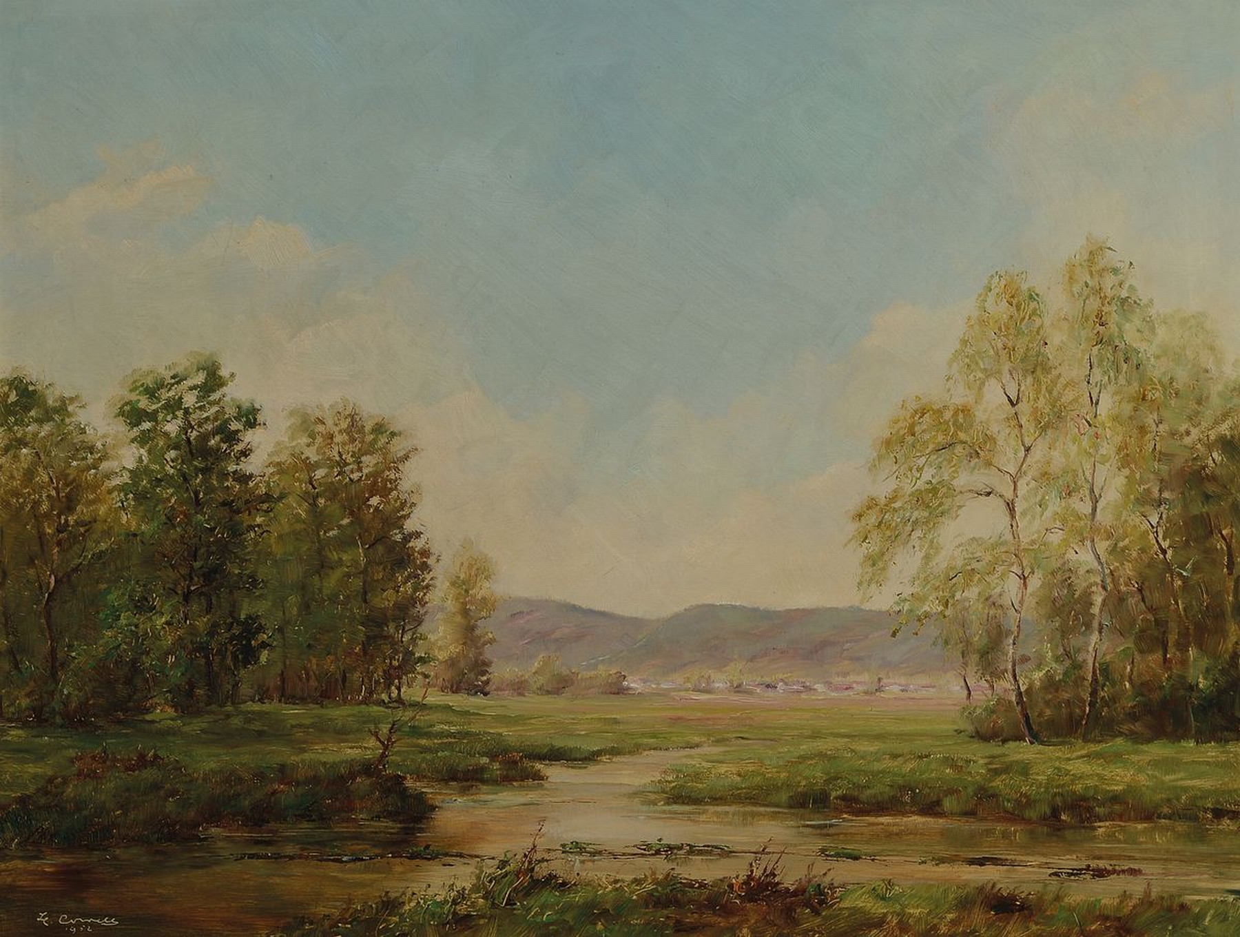 Hermann Corell, 1905-1976 Neustadt a.d. Weinstraße, Blick durch Bäume auf eine Ortschaft in der Pfalz, Öl/Hartfaser, links unten signiert, ca. ...
