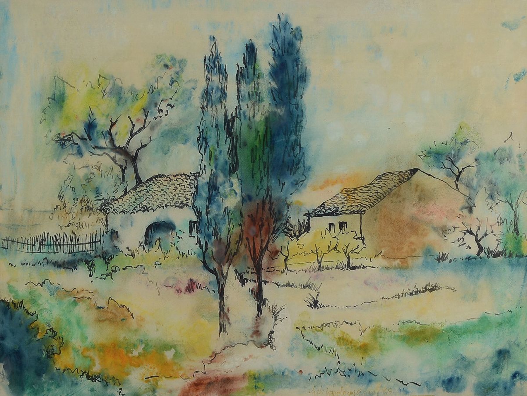 Fritz Wiedemann, 1920-1987 Landau, Bauerngehöft, Aquarell und Filzstift, rechts unten signiert und dat. 69, ca. 48x63 cm, PP, u.Gl., R. ca. 72x89cm, ...
