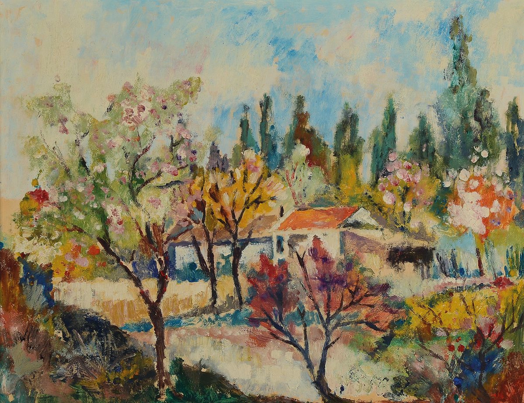 Fritz Wiedemann, 1920-1987 Landau, Blühende Obstbäume vor einem Gehöft, Öl/ Holz, rückseitig Bestätigung der Ehefrau des Künstlers, ca. ...