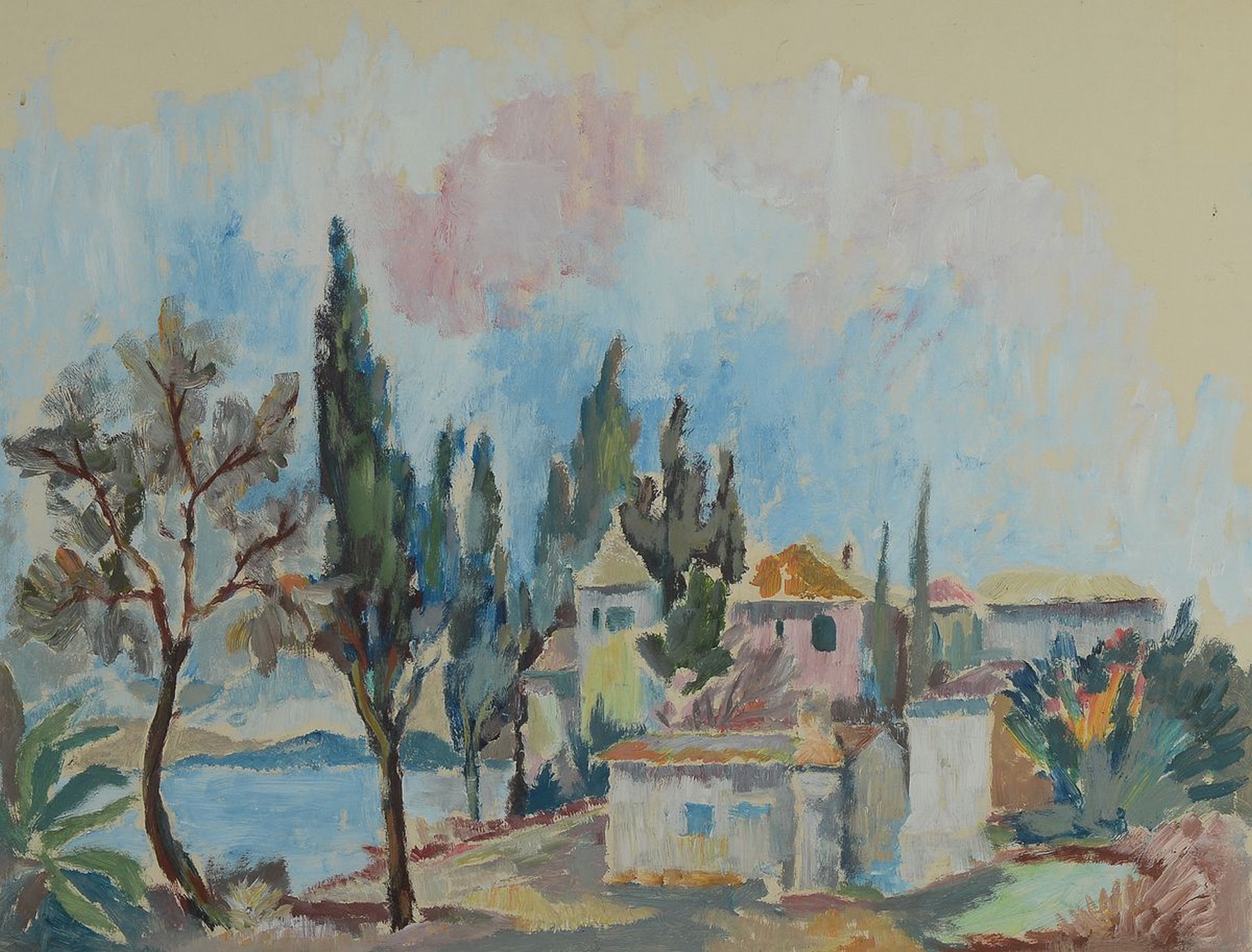 Fritz Wiedemann, 1920-1987 Landau, Landschaft mit Bäumen und Gebäuden, Gouache auf Papier, unsigniert, ca. 50x65 cm