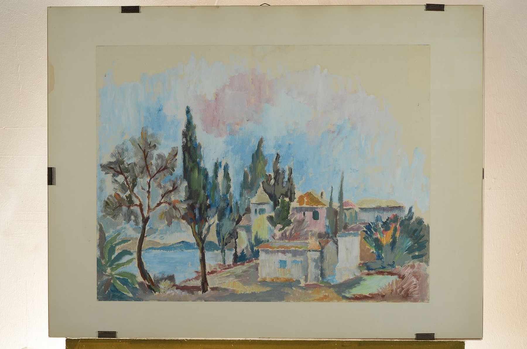 Detail k: Fritz Wiedemann, 1920-1987 Landau, Landschaft mit Bäumen und Gebäuden, Gouache auf Papier, unsigniert, ca. 50x65 cm