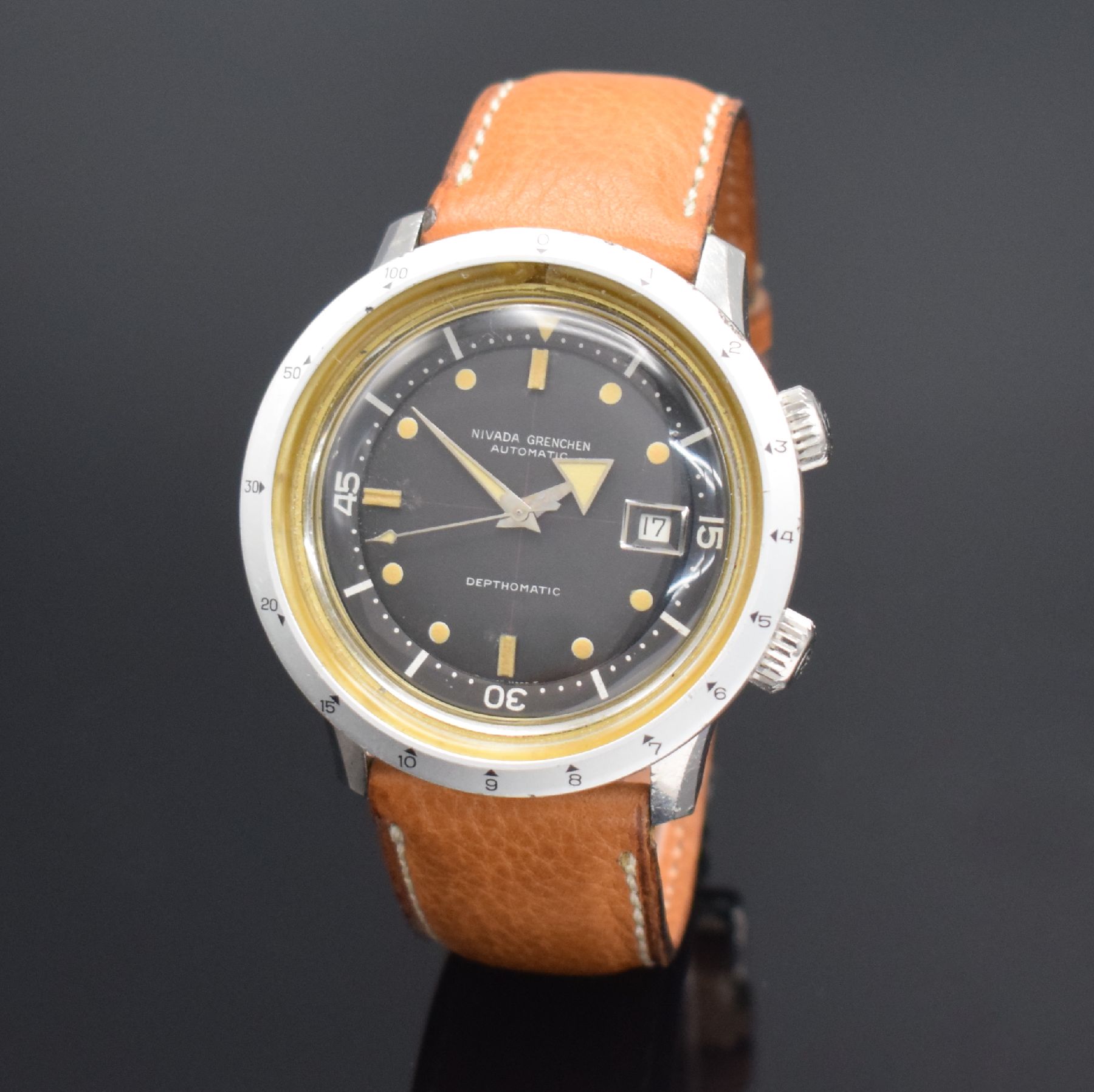 NIVADA Grenchen Depthomatic seltene Herrenarmbanduhr mit Tiefenmesser, Schweiz um 1966, Automatik, großes Edelstahlgeh., Boden geschr., ...
