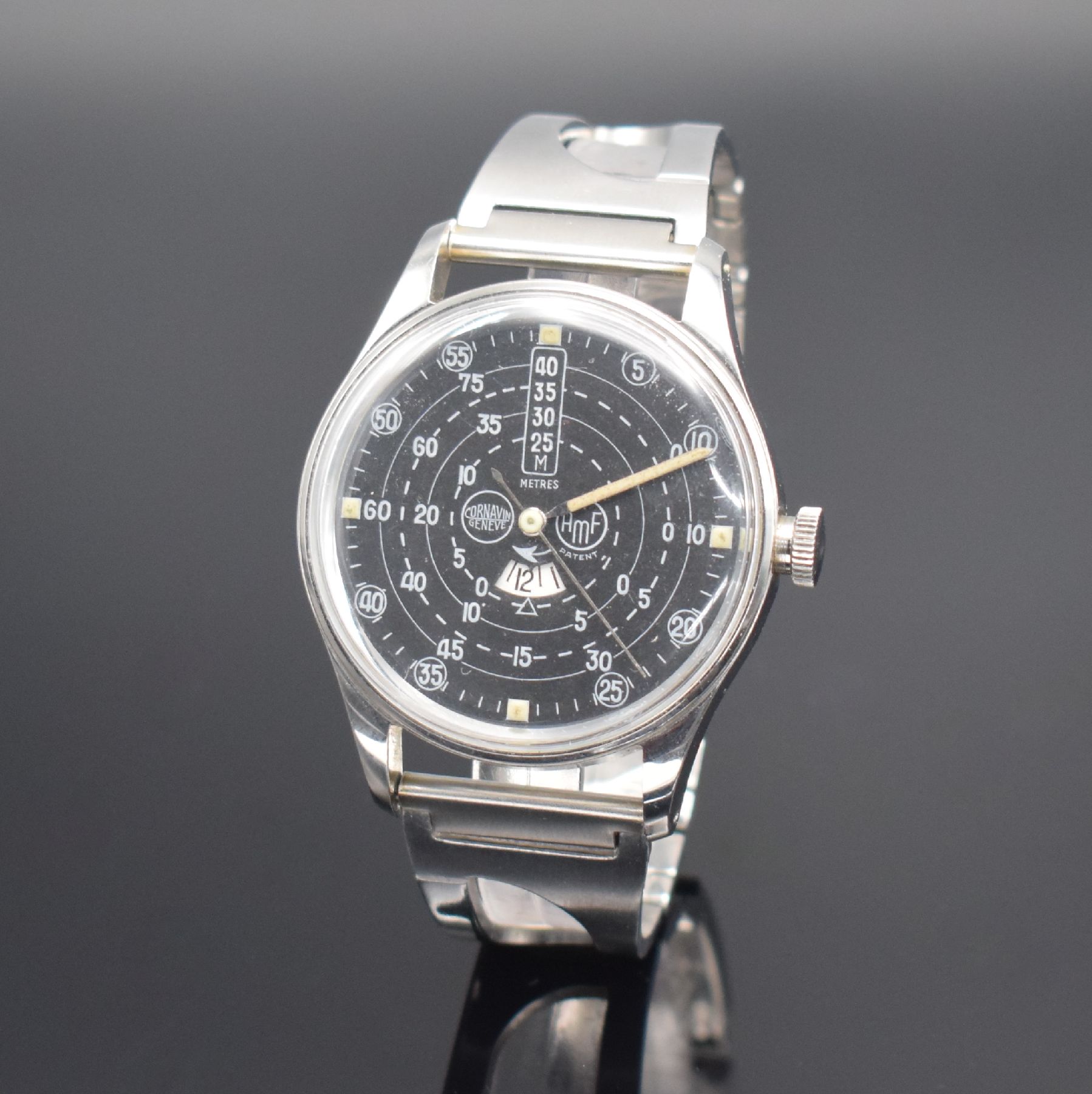 Detail b: CORNAVIN Geneve AMF Patent sehr seltene Taucheruhr mit Dekompressionsanzeige Referenz P.810, Schweiz um 1965, Automatik, großes 2 -teil. Gehäuse, ...