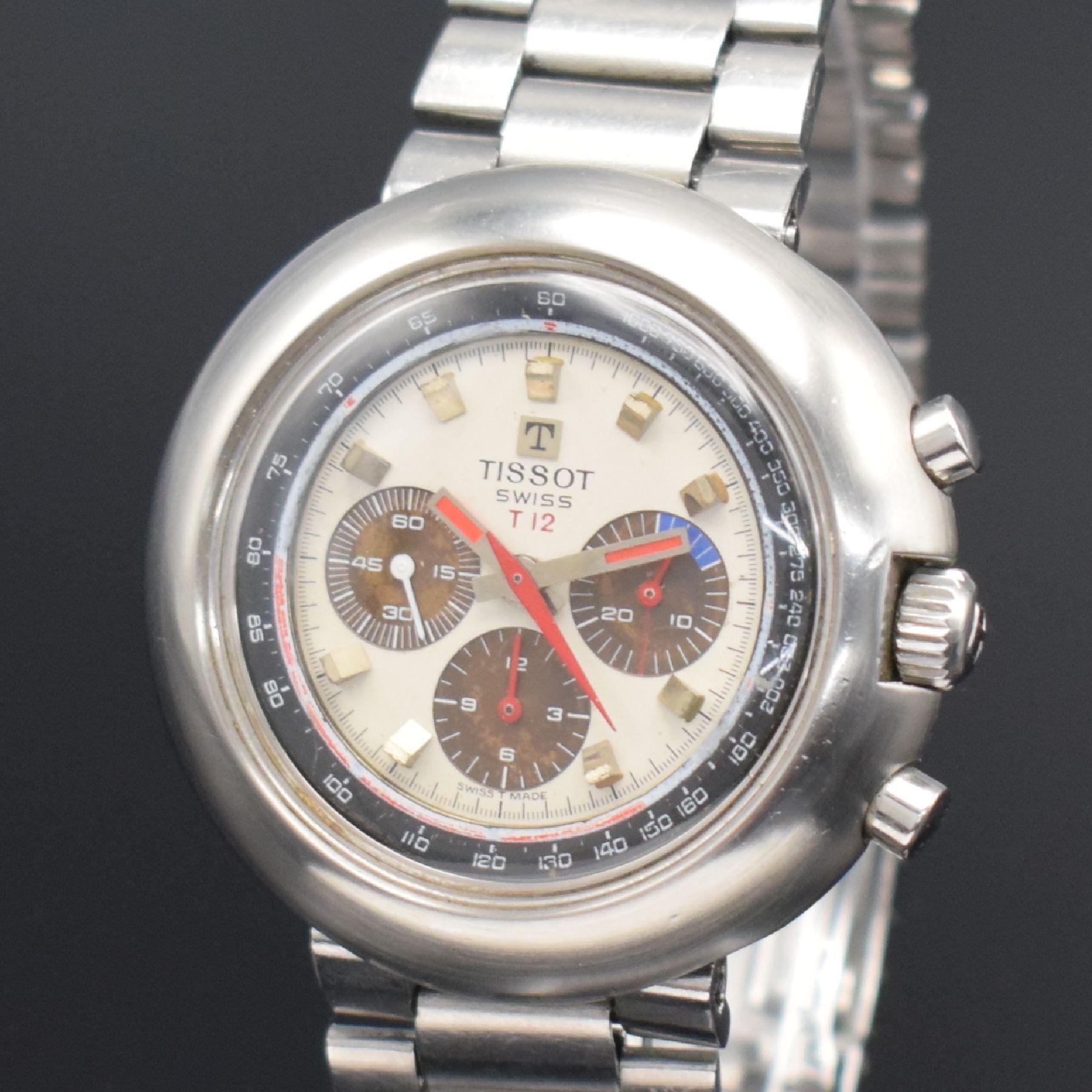 Detail c: TISSOT T12 Herrenarmbanduhr mit Chronograph, Schweiz um 1970, Handaufzug, massives Geh. in Stahl, Boden aufgedr., original Gay Freres Band m. ...