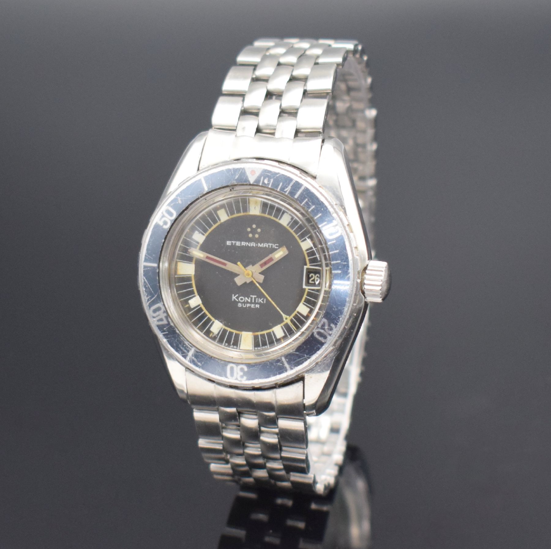 ETERNA-MATIC Herrenarmbanduhr SUPER-KONTIKI mit Gay Freres Band in Stahl, Schweiz um 1970, Automatik, Ref. 130 FTP-3, Boden mit zentraler ...