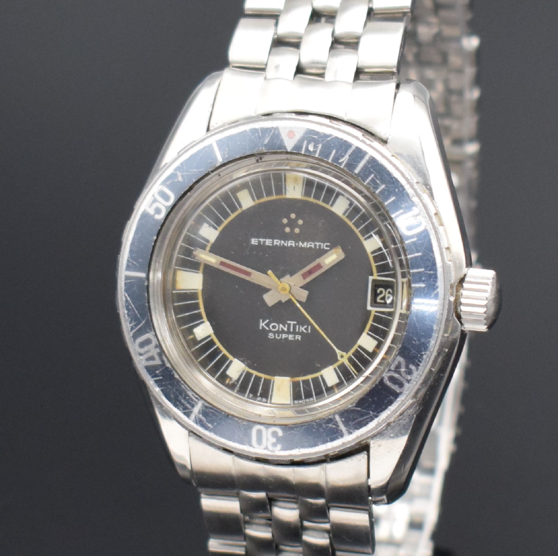 Detail a: ETERNA-MATIC Herrenarmbanduhr SUPER-KONTIKI mit Gay Freres Band in Stahl, Schweiz um 1970, Automatik, Ref. 130 FTP-3, Boden mit zentraler ...
