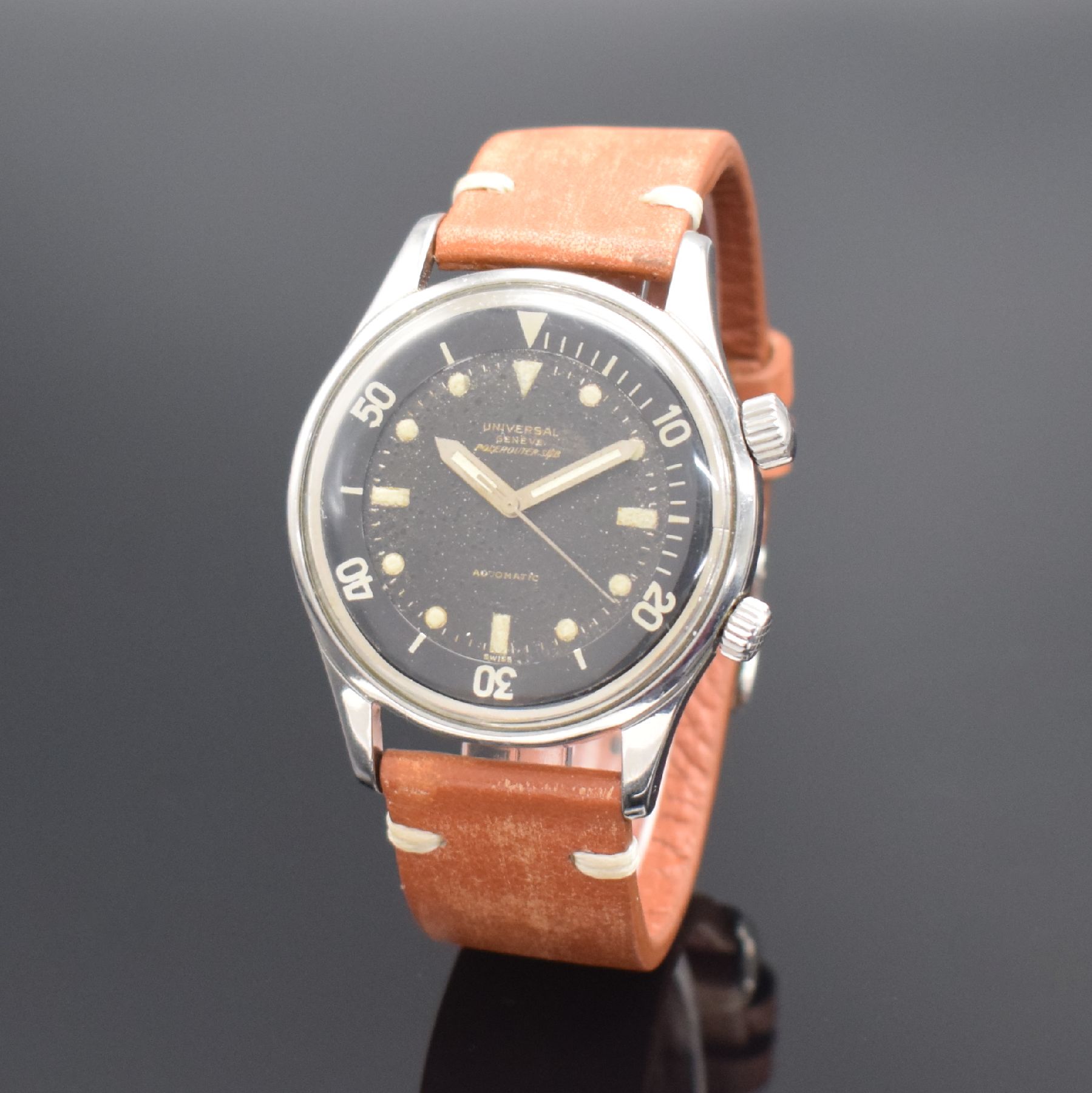 UNIVERSAL GENEVE Polerouter Sub seltene große Herrenarmbanduhr in Stahl, Schweiz um 1960, Automatik, 2-teil. Geh., Boden geschr., schwarzes ...