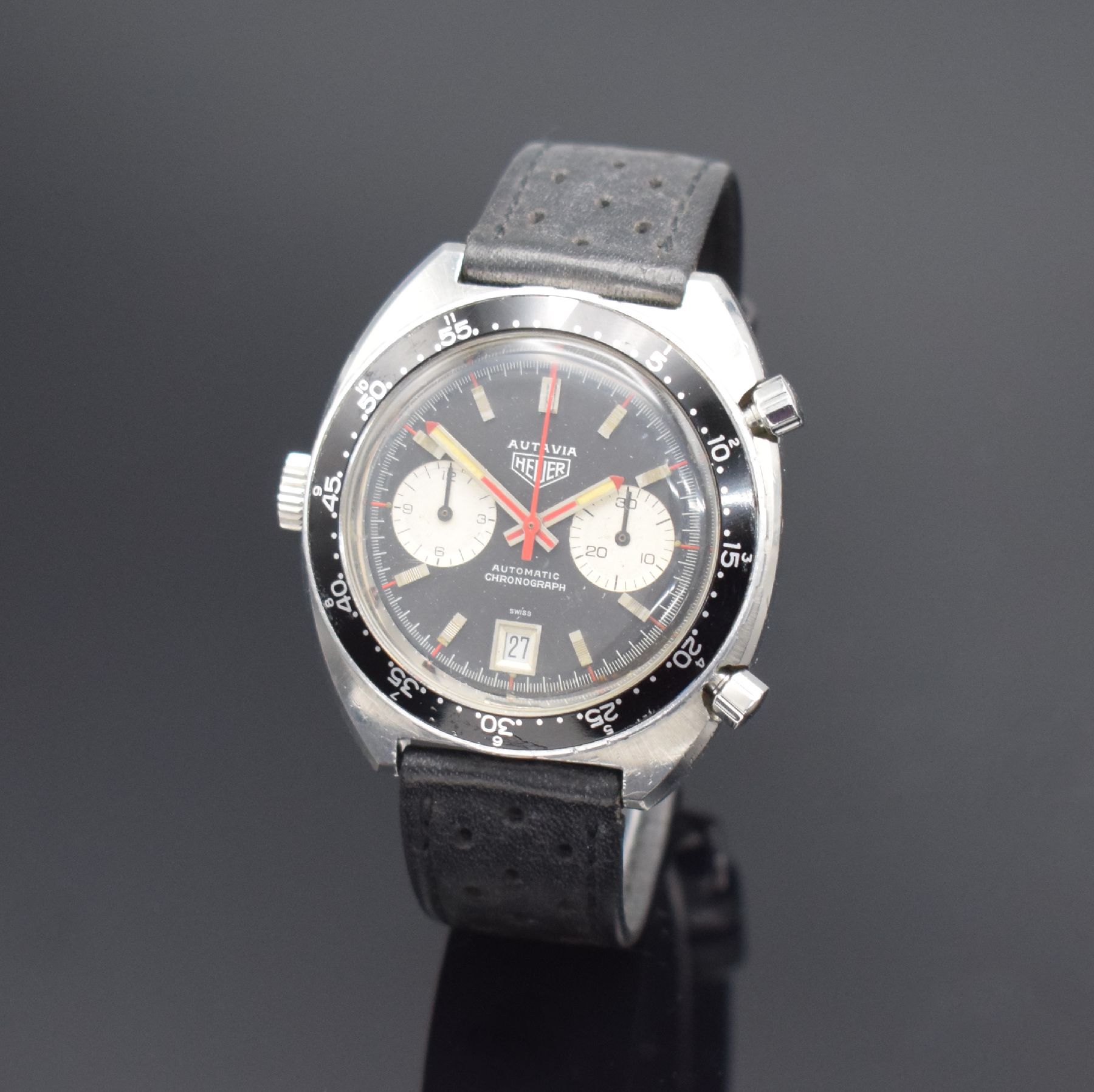 HEUER Autavia Referenz 1163 Herrenarmbanduhr mit Chronograph, Schweiz um 1970, Automatik, massives Geh. in Stahl, Boden geschr., beids. drehb. ...
