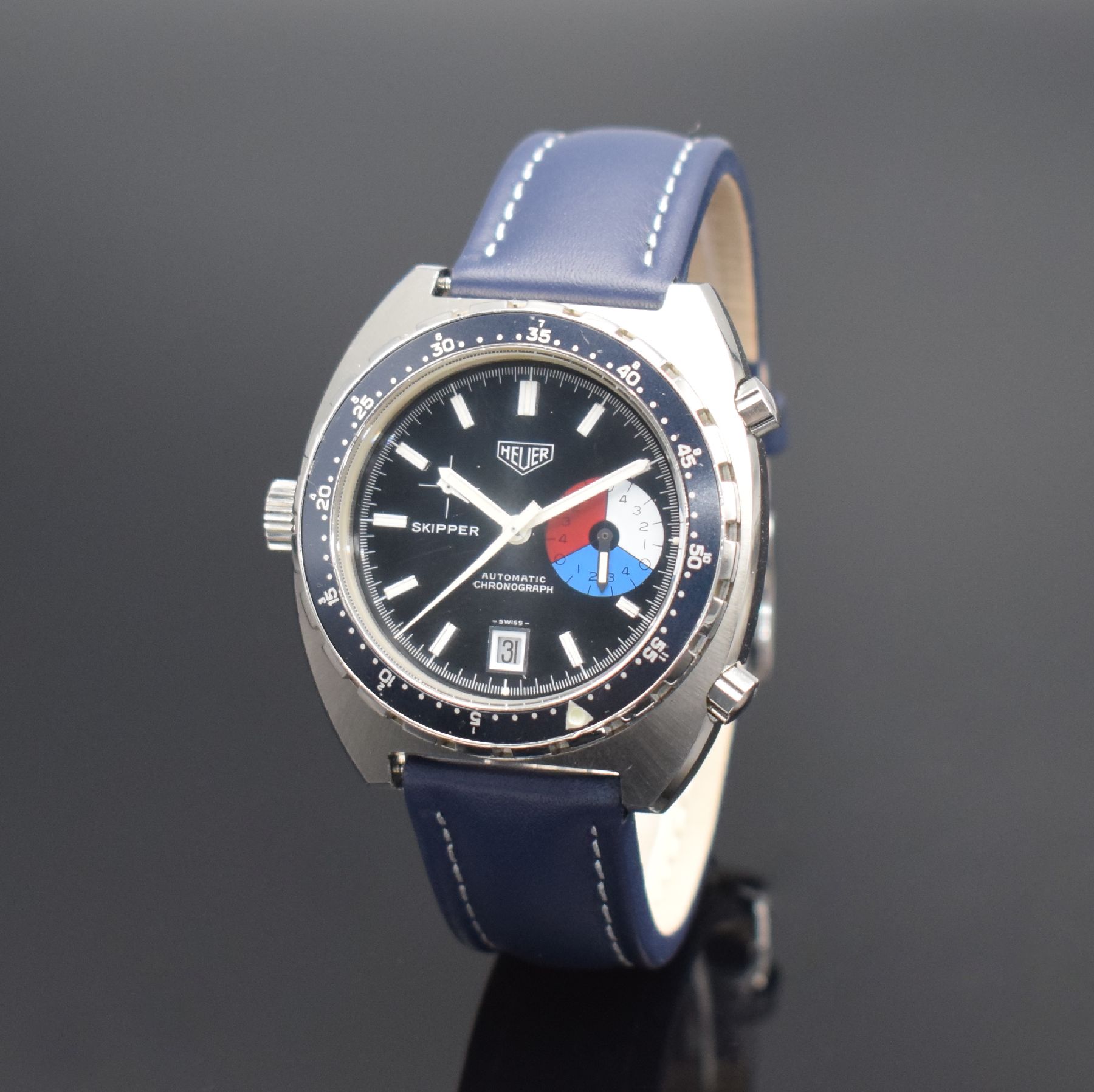 HEUER Skipper Herrenarmbanduhr mit Chronograph, Schweiz um 1975, Automatik, Ref. 11063 V, massives Gehäuse in Stahl ohne Geh.-Nr., Boden geschr., ...