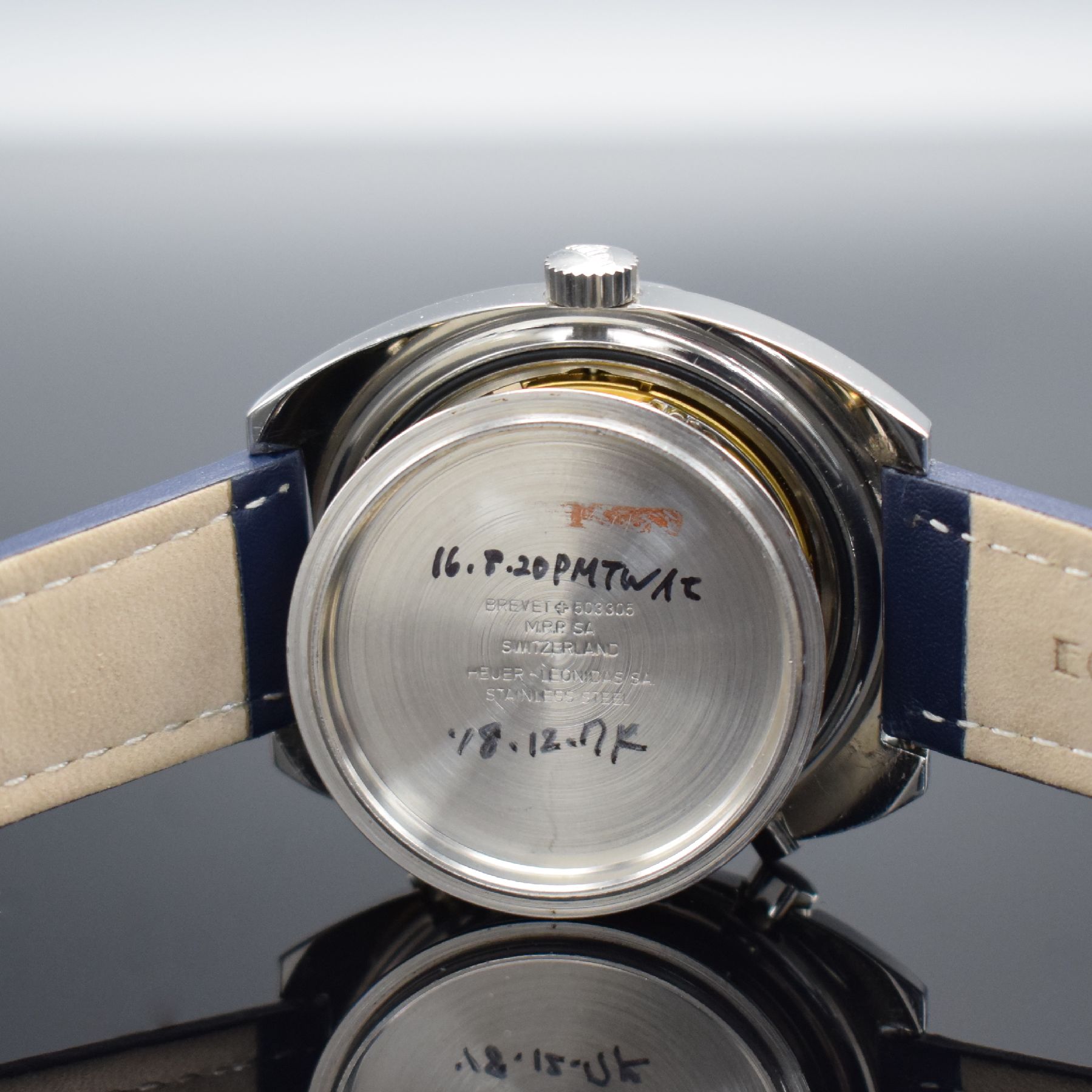 Detail e: HEUER Skipper Herrenarmbanduhr mit Chronograph, Schweiz um 1975, Automatik, Ref. 11063 V, massives Gehäuse in Stahl ohne Geh.-Nr., Boden geschr., ...