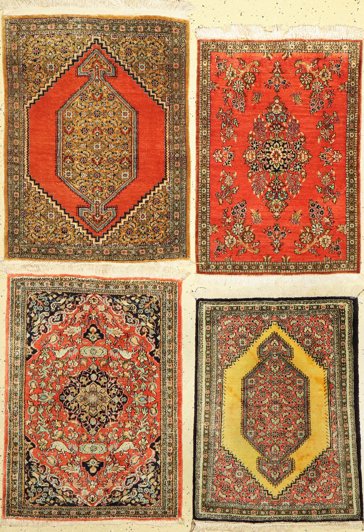 4 Lots Ghom Seide, Persien, ca. 60 Jahre, reine Naturseide, ca. 80 x 60 cm, EHZ: 2