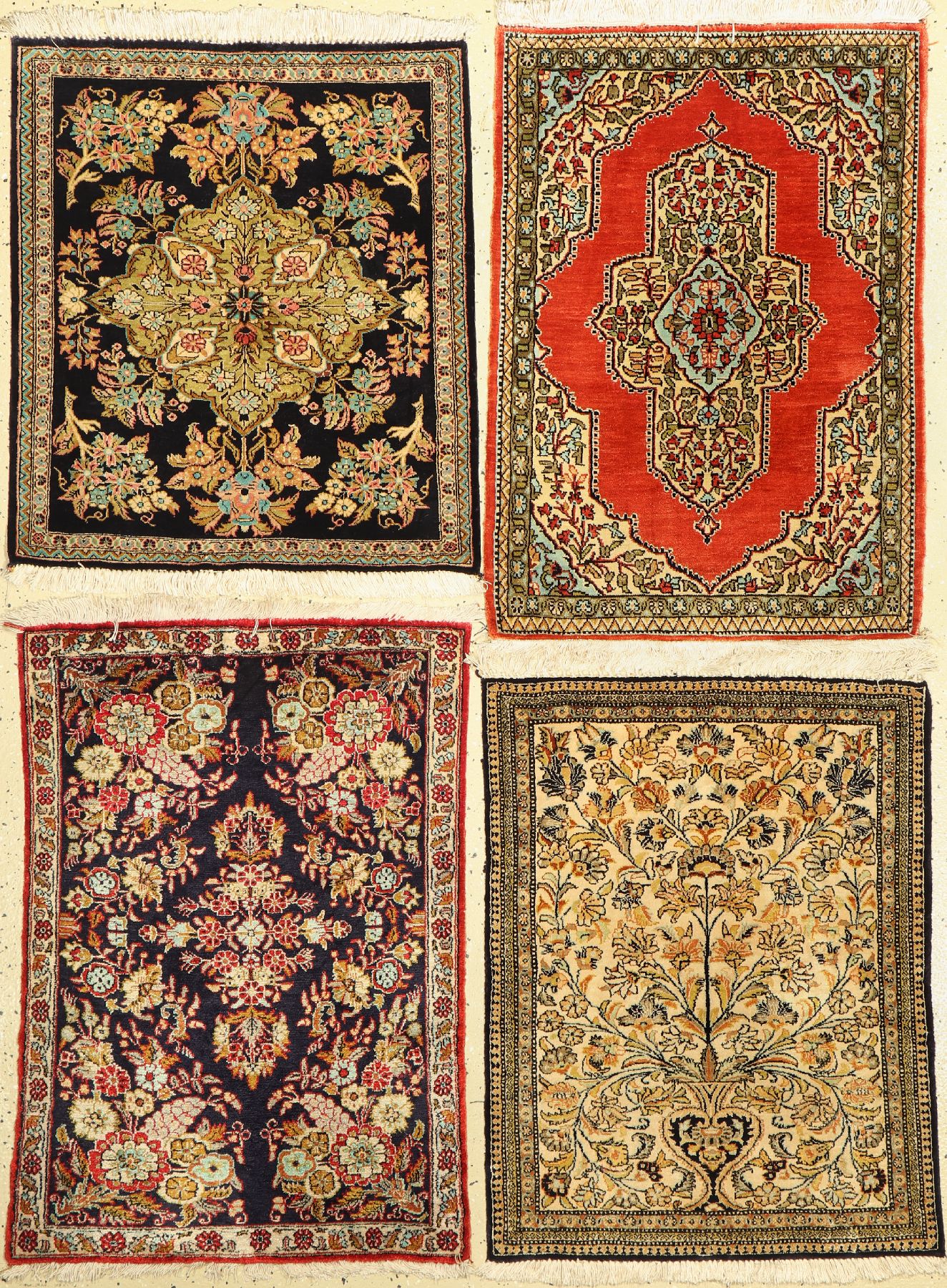 4 Lots Ghom Seide, Persien, ca. 60 Jahre, reine Naturseide, ca. 85 x 60 cm, EHZ: 2
