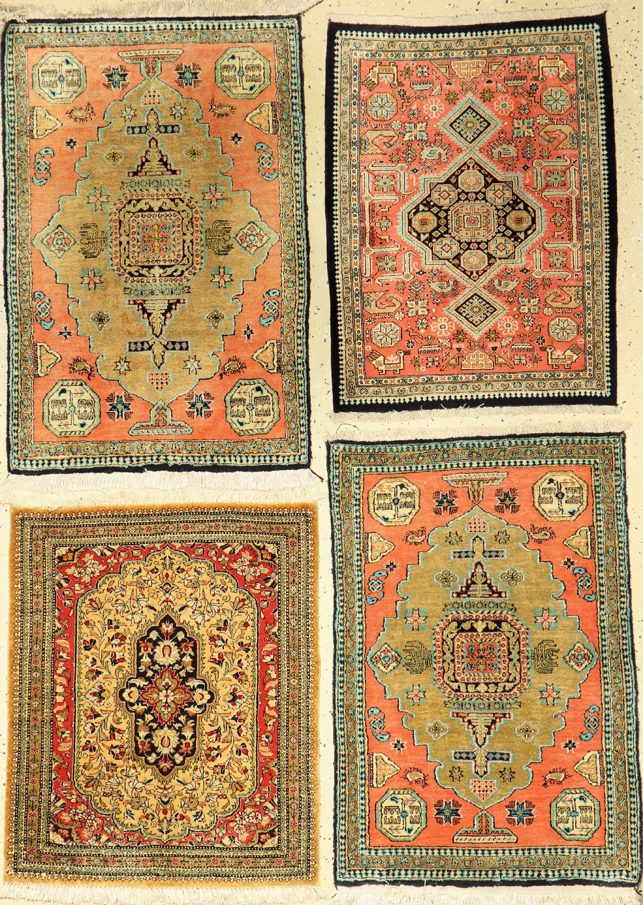 4 Lots Ghom Seide, Persien, ca. 60 Jahre, reine Naturseide, ca. 90 x 60 cm, EHZ: 2