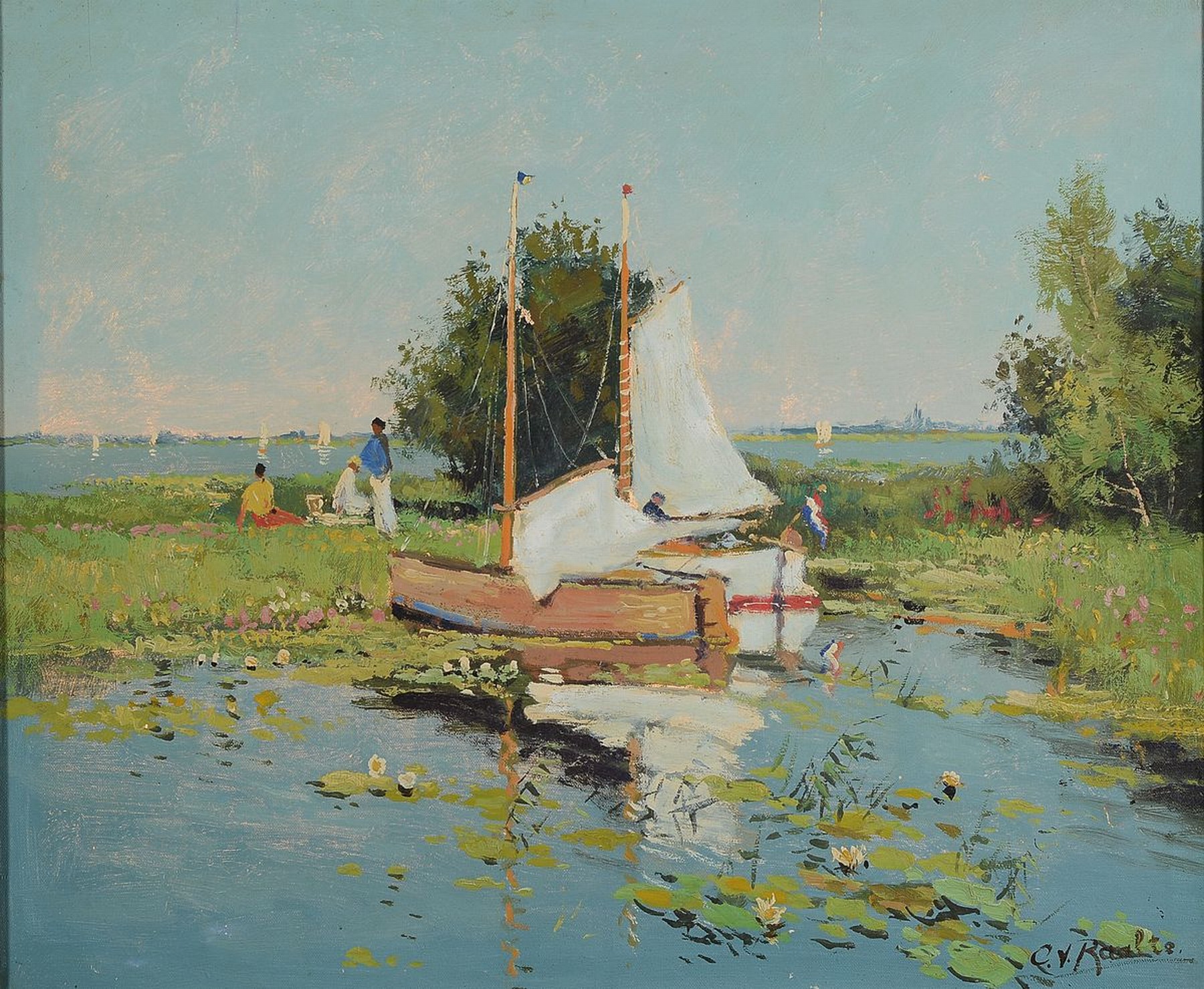 C. van Raalte, niederländischer Maler, 1. Hälfte 20. Jh., Gesellschaft bei einer Segelpause in niederländischen Gewässern, Öl/Lwd, rest., rechts ...