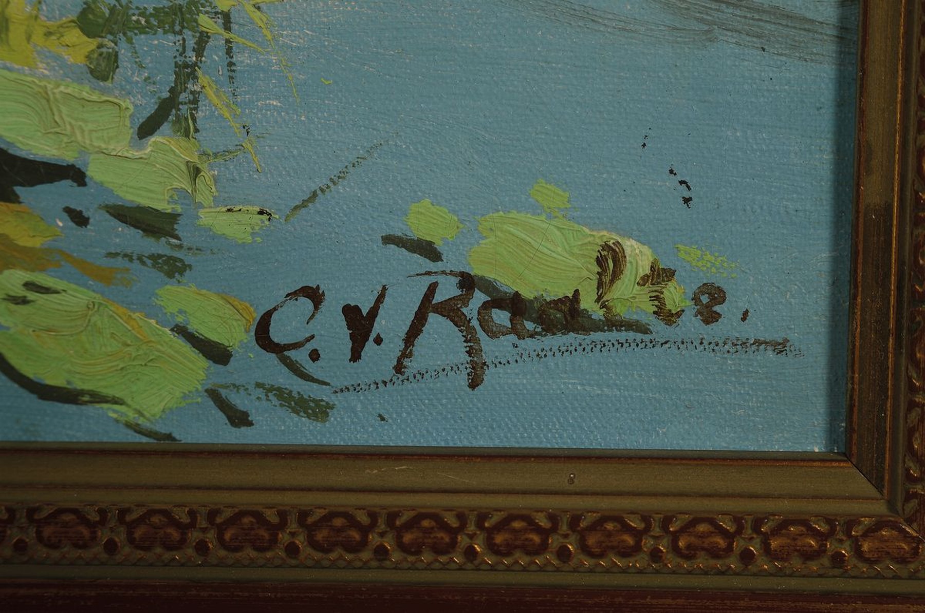 Detail a: C. van Raalte, niederländischer Maler, 1. Hälfte 20. Jh., Gesellschaft bei einer Segelpause in niederländischen Gewässern, Öl/Lwd, rest., rechts ...