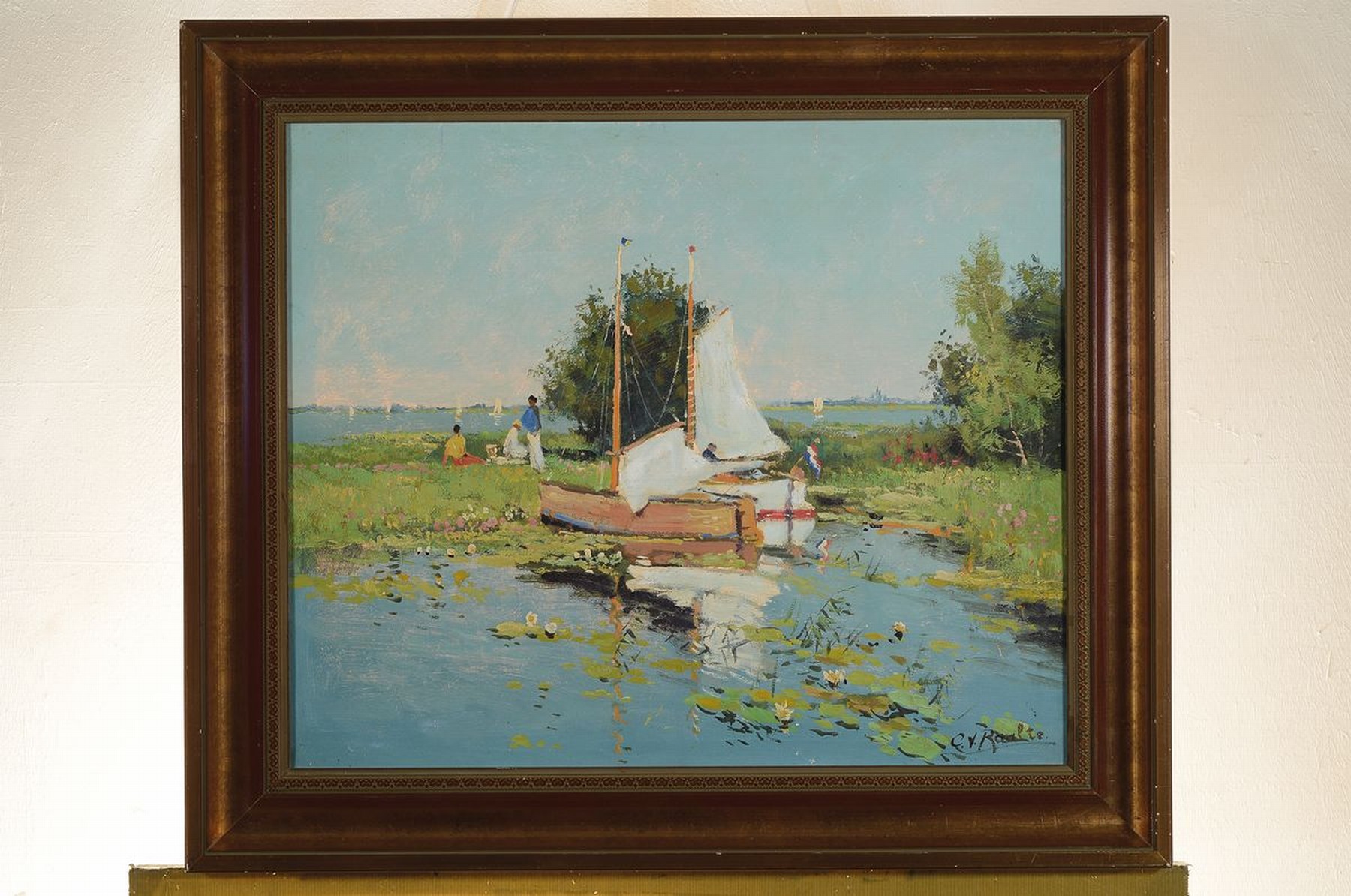 Detail k: C. van Raalte, niederländischer Maler, 1. Hälfte 20. Jh., Gesellschaft bei einer Segelpause in niederländischen Gewässern, Öl/Lwd, rest., rechts ...