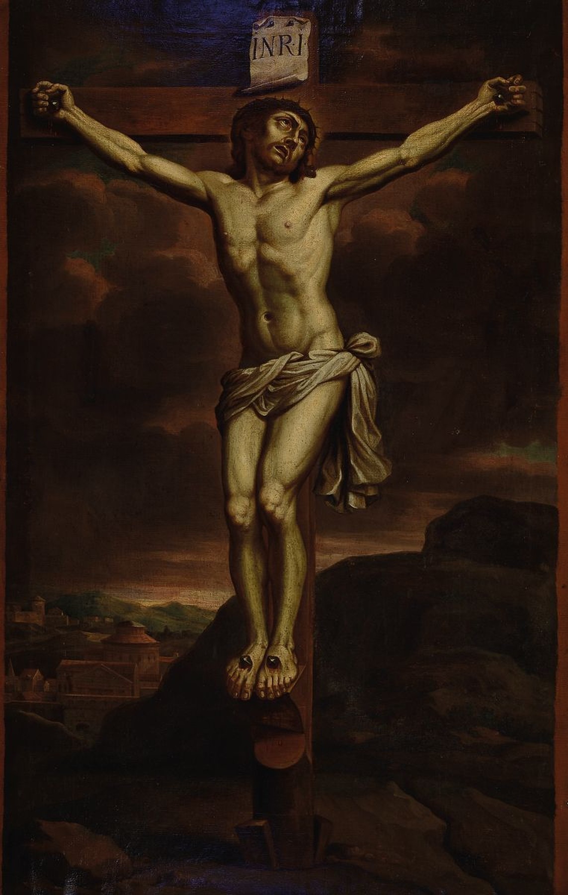 Unbekannter Künstler, deutsch, 2. Hälfte 19. Jh., Christus am Kreuz, im Hintergrund weite biblische Landschaft mit Stadt, Öl/Lwd, doubliert, ...