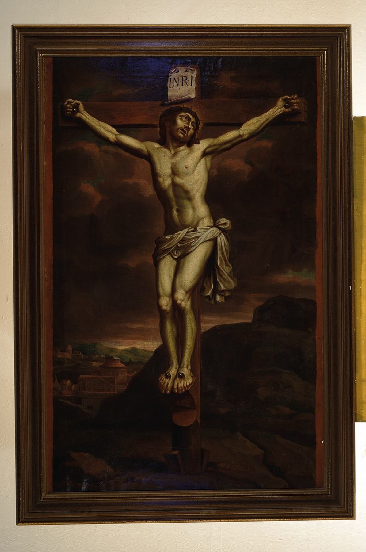 Detail k: Unbekannter Künstler, deutsch, 2. Hälfte 19. Jh., Christus am Kreuz, im Hintergrund weite biblische Landschaft mit Stadt, Öl/Lwd, doubliert, ...