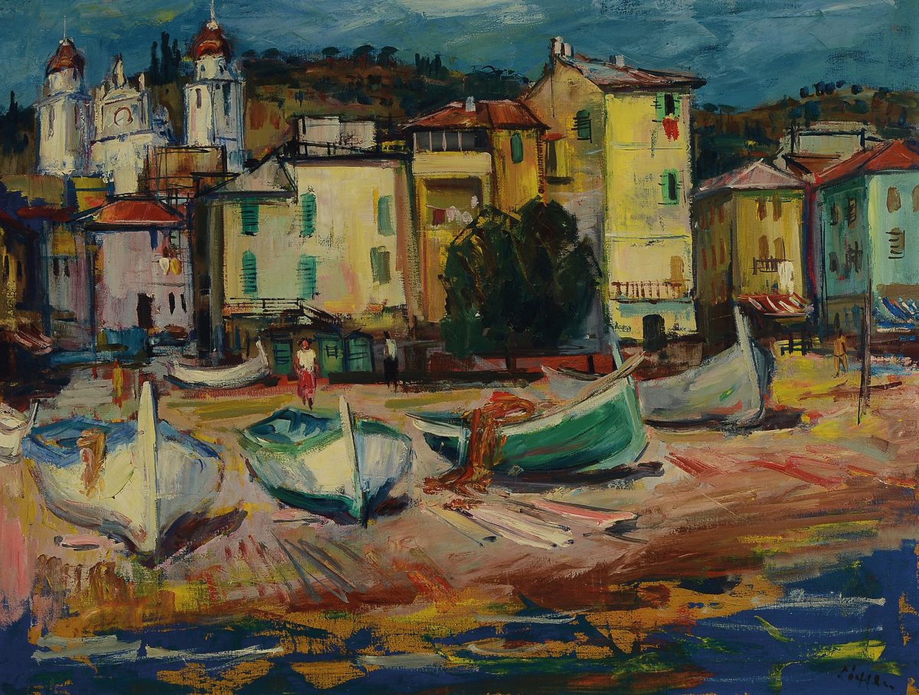 Paul Löffler, 1938-1995 Mannheim, Fischerboote am Strand an einer südlichen Küste, Öl/Lwd, rechts unten signiert, ca. 69x91cm, R. ca. 82x103cm