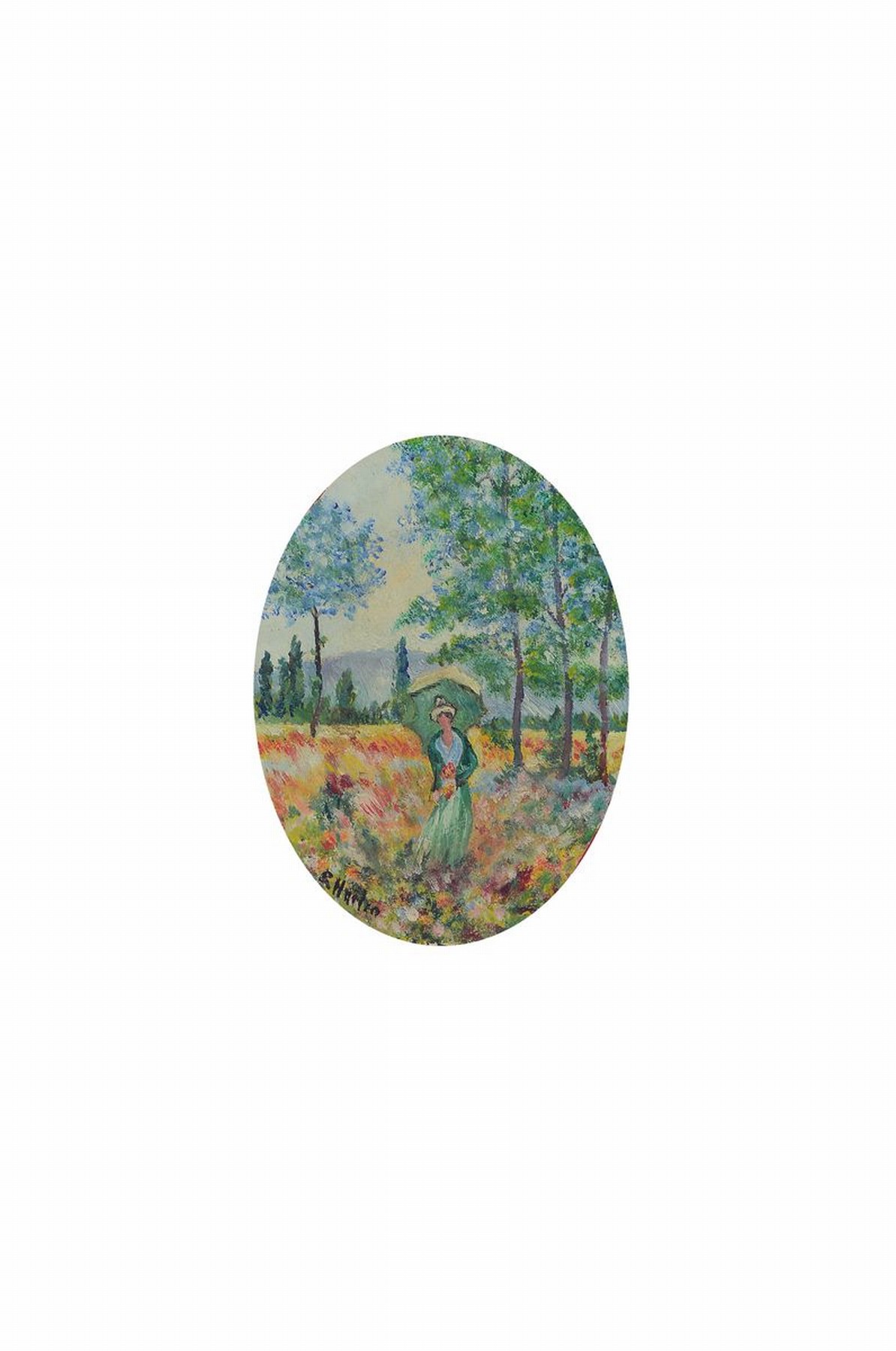 Miniaturmalerei, Frankreich, um 1900, Junge Frau beim spazieren gehen, Öl/Malkarton , links unten unleserlich signiert (E. Harlin o.ä.), im Oval ...
