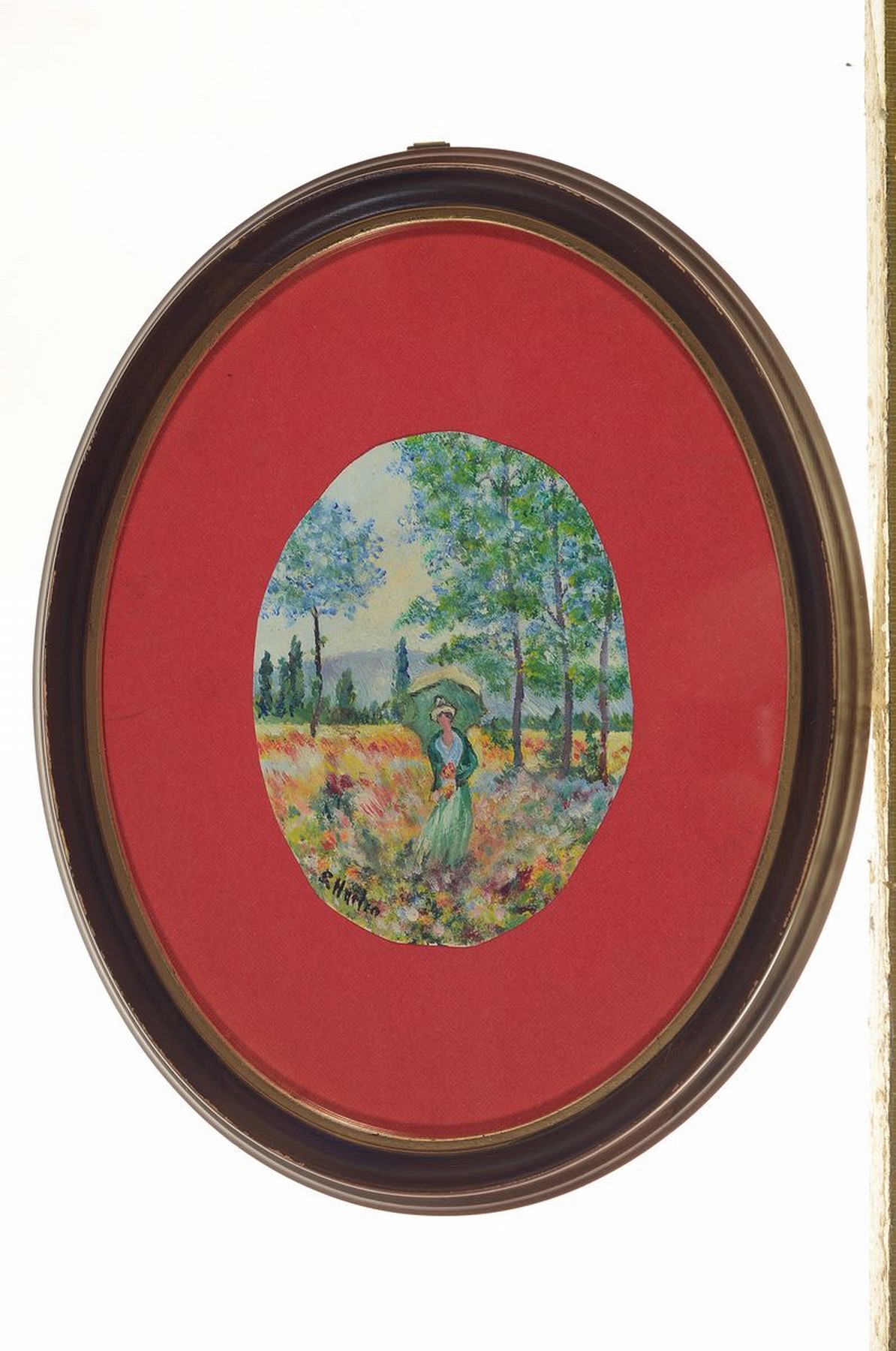 Detail k: Miniaturmalerei, Frankreich, um 1900, Junge Frau beim spazieren gehen, Öl/Malkarton , links unten unleserlich signiert (E. Harlin o.ä.), im Oval ...