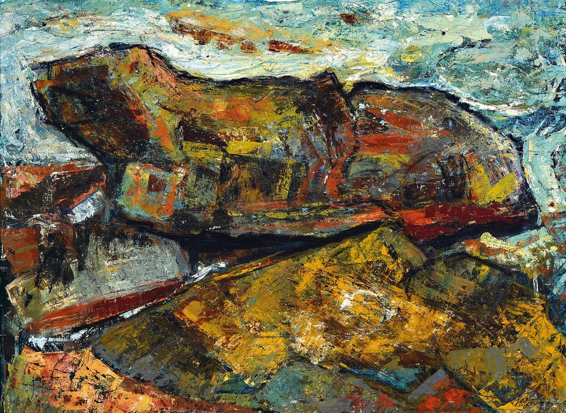 Hermann Jürgens, 1914 Heidelberg-1967 Godramstein, Maler, Grafiker und Glasmaler, Studium an den Akademien Karlsruhe und München, hier: Terramare, ...