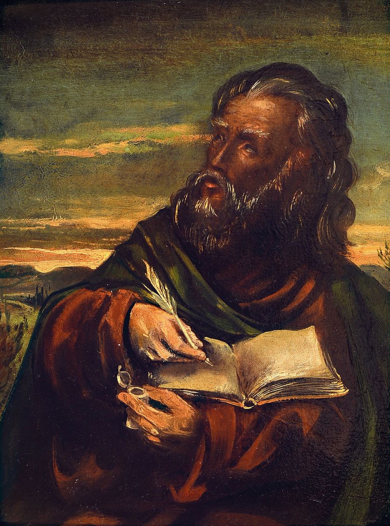 Unbekannter Künstler d. späten 19.Jh., Evangelist Markus, Autorenporträt mit Schreibutensilien und verklärtem Blick nach oben, Öl/Lwd/Holz, ...