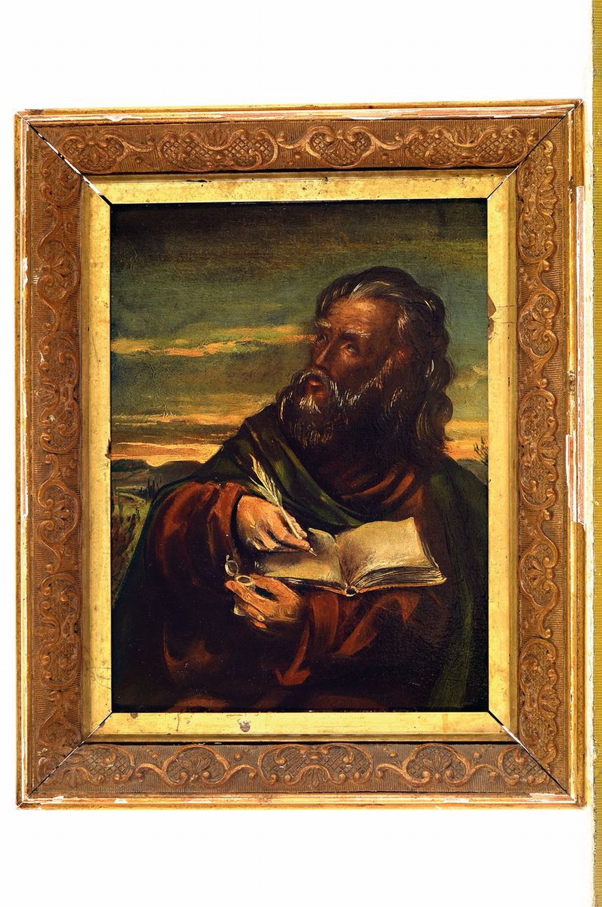 Detail k: Unbekannter Künstler d. späten 19.Jh., Evangelist Markus, Autorenporträt mit Schreibutensilien und verklärtem Blick nach oben, Öl/Lwd/Holz, ...
