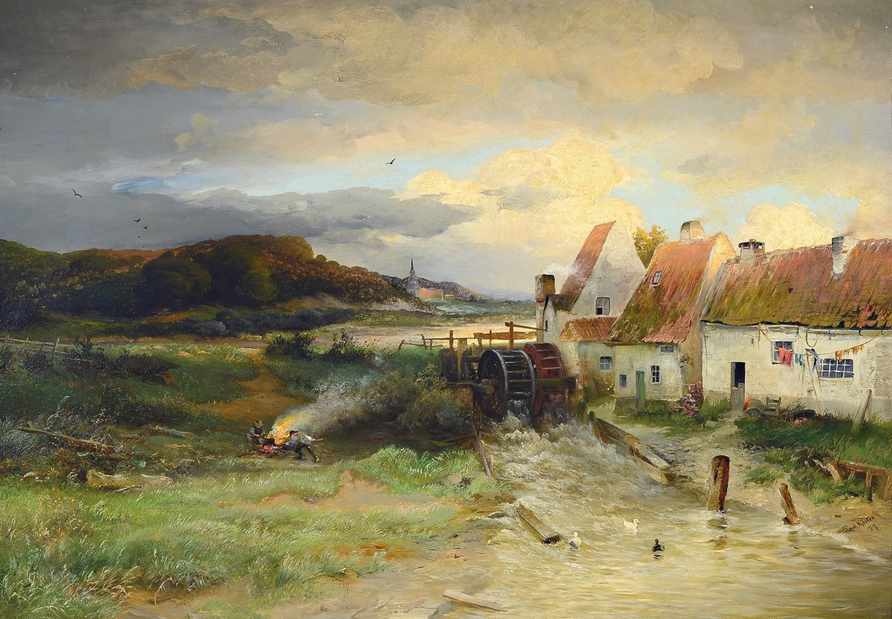 Paul Köster 1855 Bremen - 1931 Düsseldorf, Studium an der Akademie München, Landschafts- u. Marinemaler, hier: Mühle in Landschaft, ...
