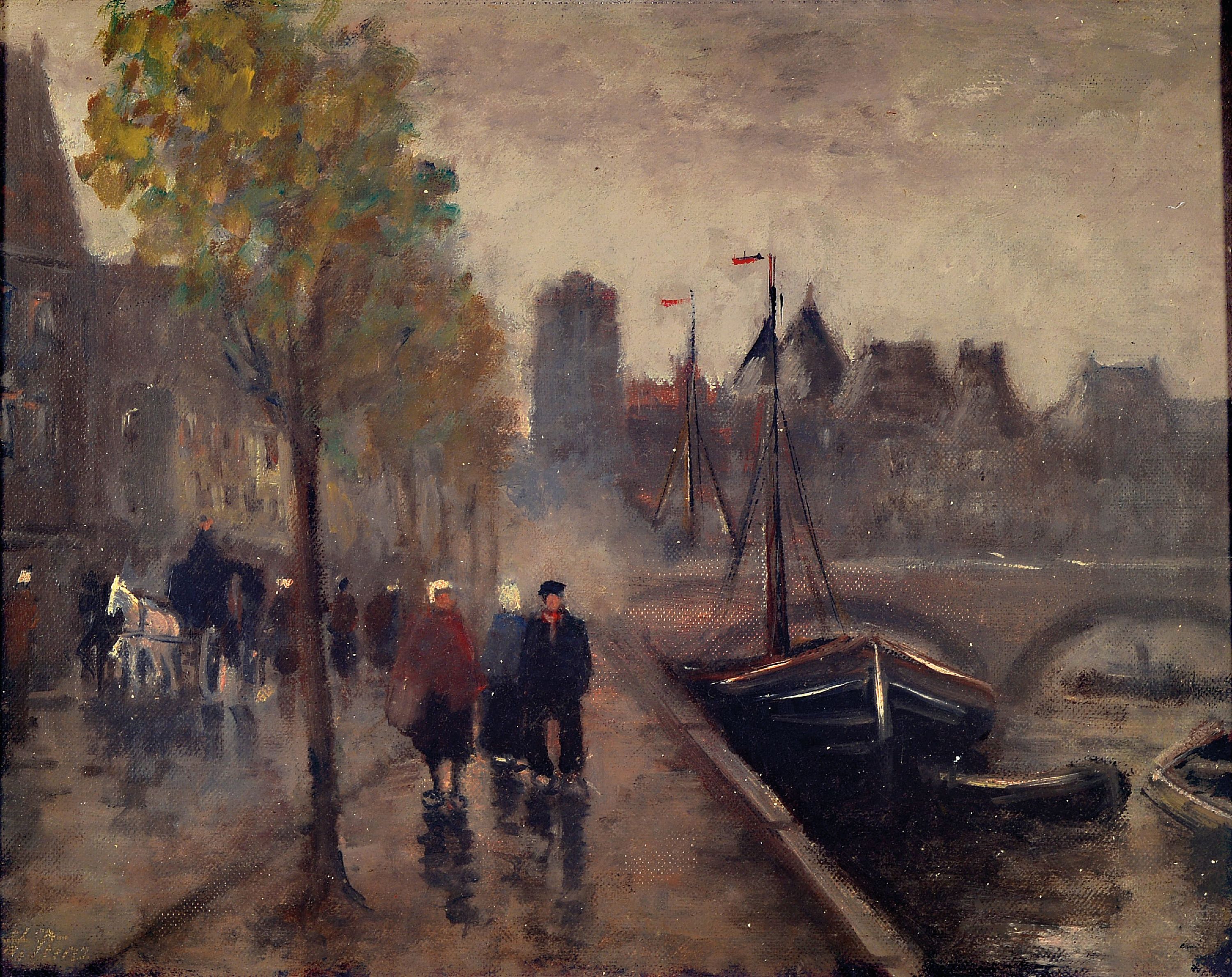 Ungedeuteter Künstler des 20.Jh., Straßenszene entlang der alten Gracht in Amsterdam, atmosphärische Darst., links unten signiert, R., ca. 33x39 cm