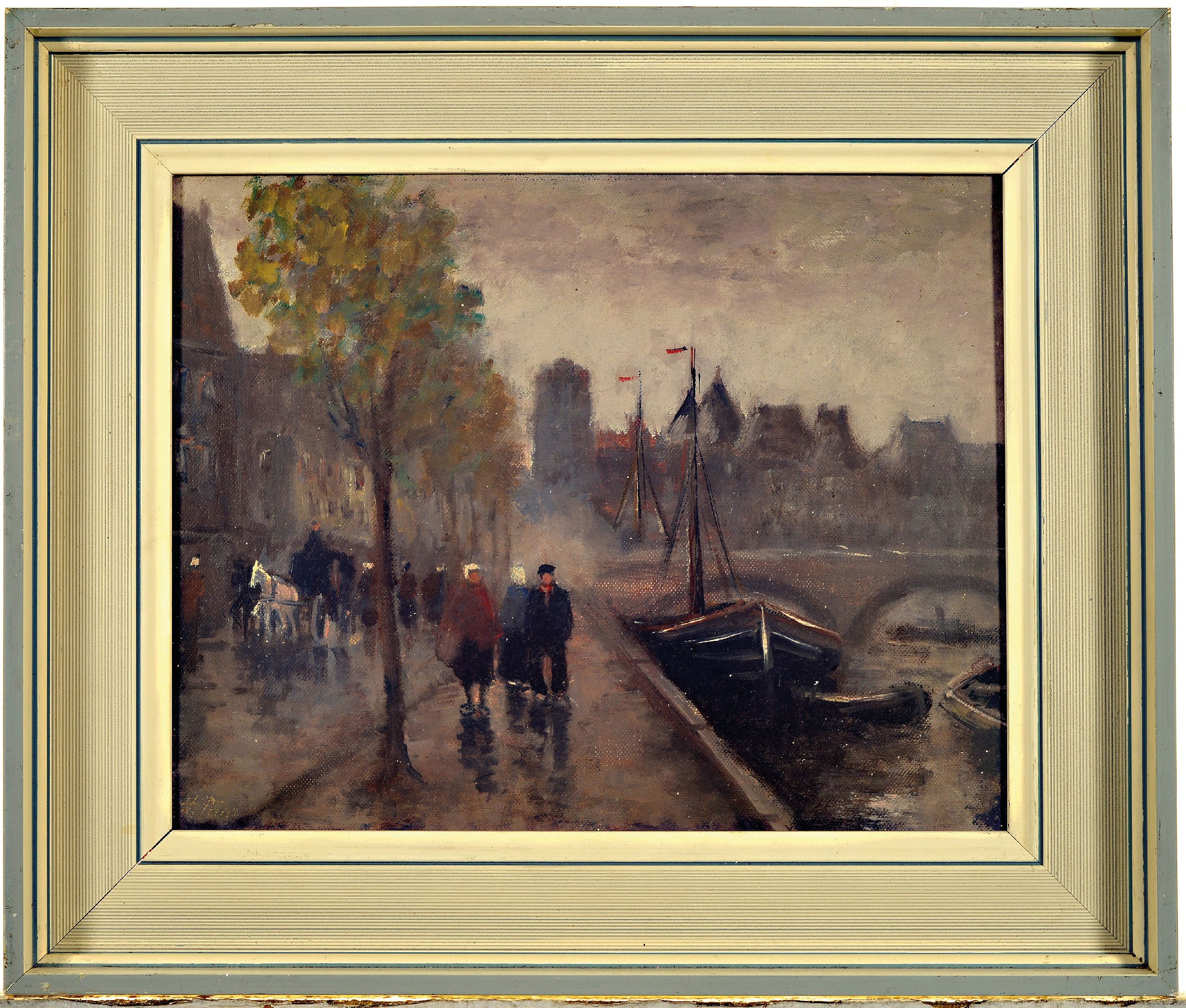 Detail k: Ungedeuteter Künstler des 20.Jh., Straßenszene entlang der alten Gracht in Amsterdam, atmosphärische Darst., links unten signiert, R., ca. 33x39 cm