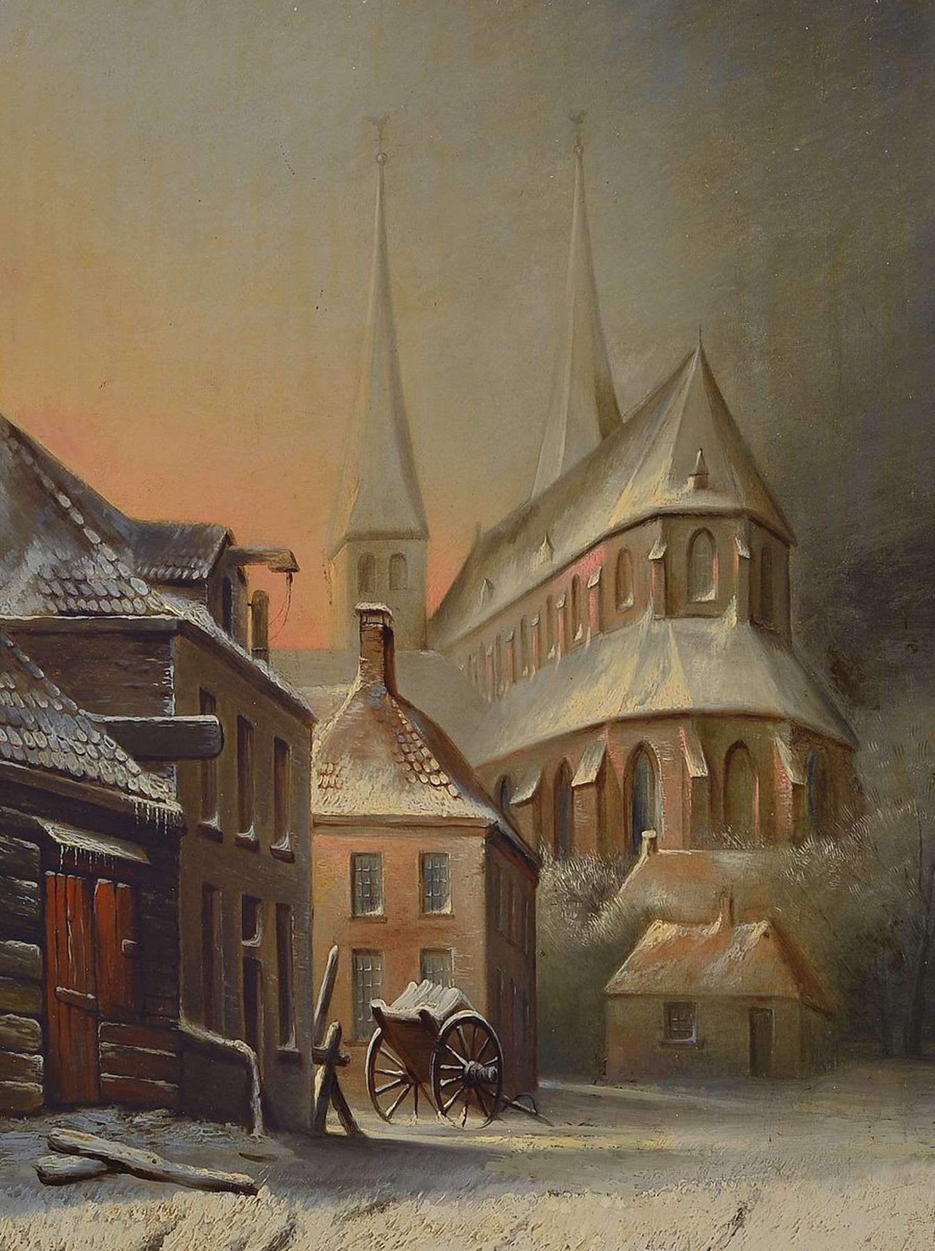 Umkreis: Hendrik van Oort (1775-1847), winterliche Stadtansicht Groningens mit Blick auf die Martinikerk, Öl/Holzplatte, l. rest., unsigniert, ...