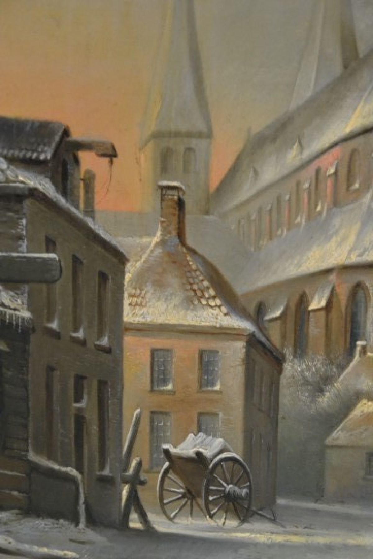 Detail b: Umkreis: Hendrik van Oort (1775-1847), winterliche Stadtansicht Groningens mit Blick auf die Martinikerk, Öl/Holzplatte, l. rest., unsigniert, ...
