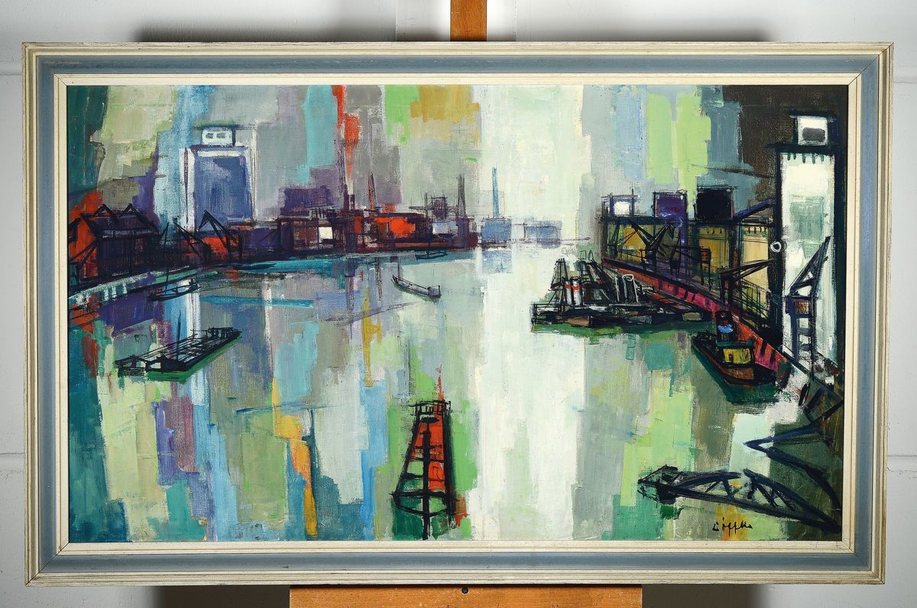 Detail k: Paul Löffler, 1938-1995 Mannheim, Blick auf den Rheinhafen Ludwigshafen-Mannheim, Öl/Lwd, links unten signiert, ca. 65x110cm, R. ca. 74x119cm