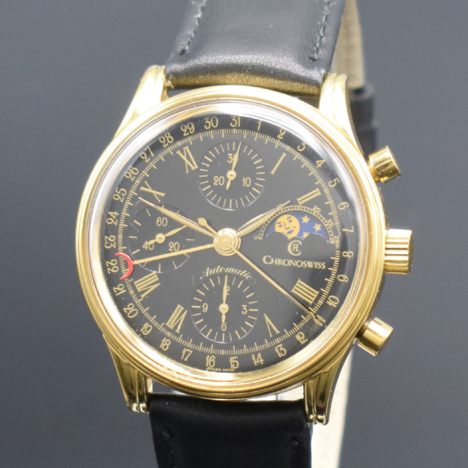 Detail a: CHRONOSWISS vergoldeter Herrenchronograph mit Mondphase, Schweiz um 2003, Automatik, Ref. 77990, Boden verschr., schwarzes Zifferbl. m. röm. Zahlen, ...