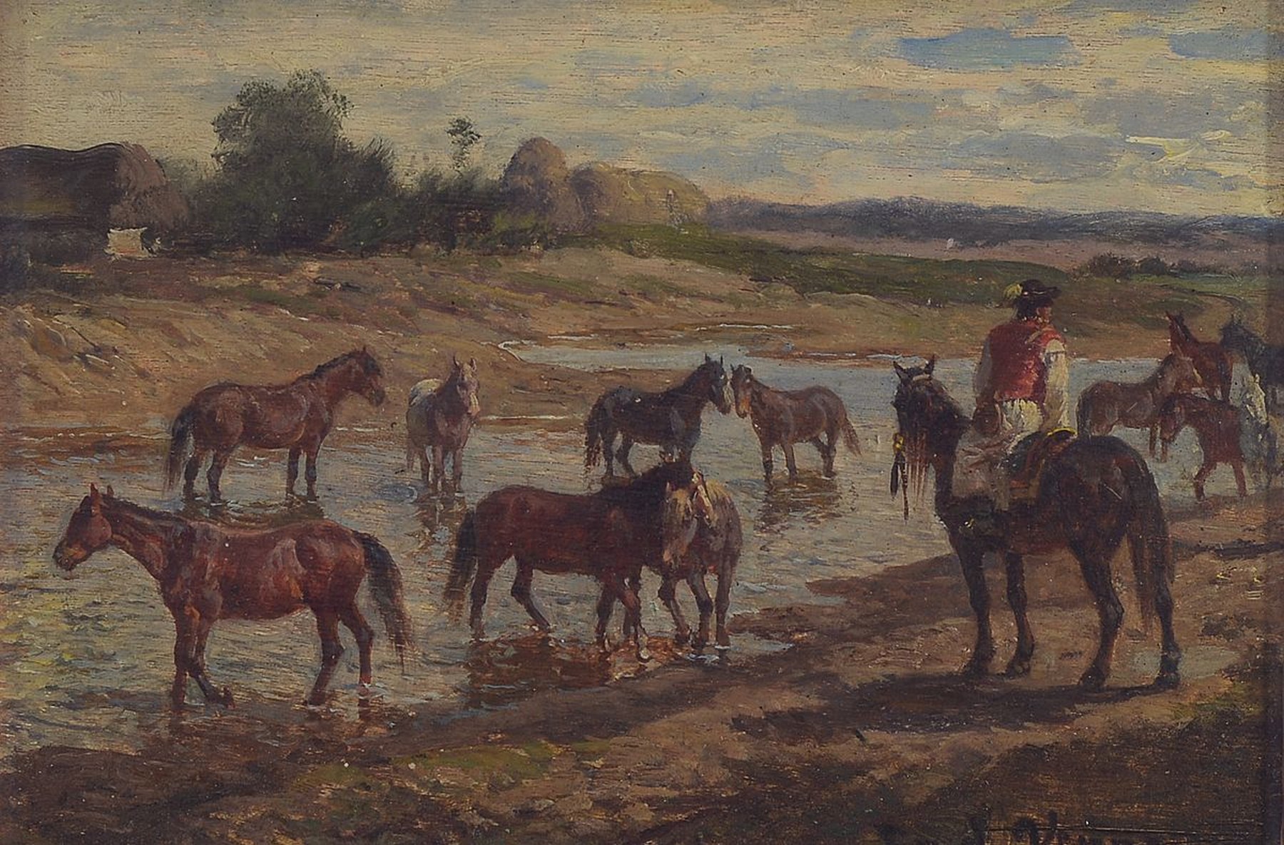 Fritz van der Venne, 1873-1936 München, Tier- und Landschaftsmaler, hier: Pferde an der Tränke mit ungarischen Hirten, Öl/Holz, signiert, ca. 23 x ...