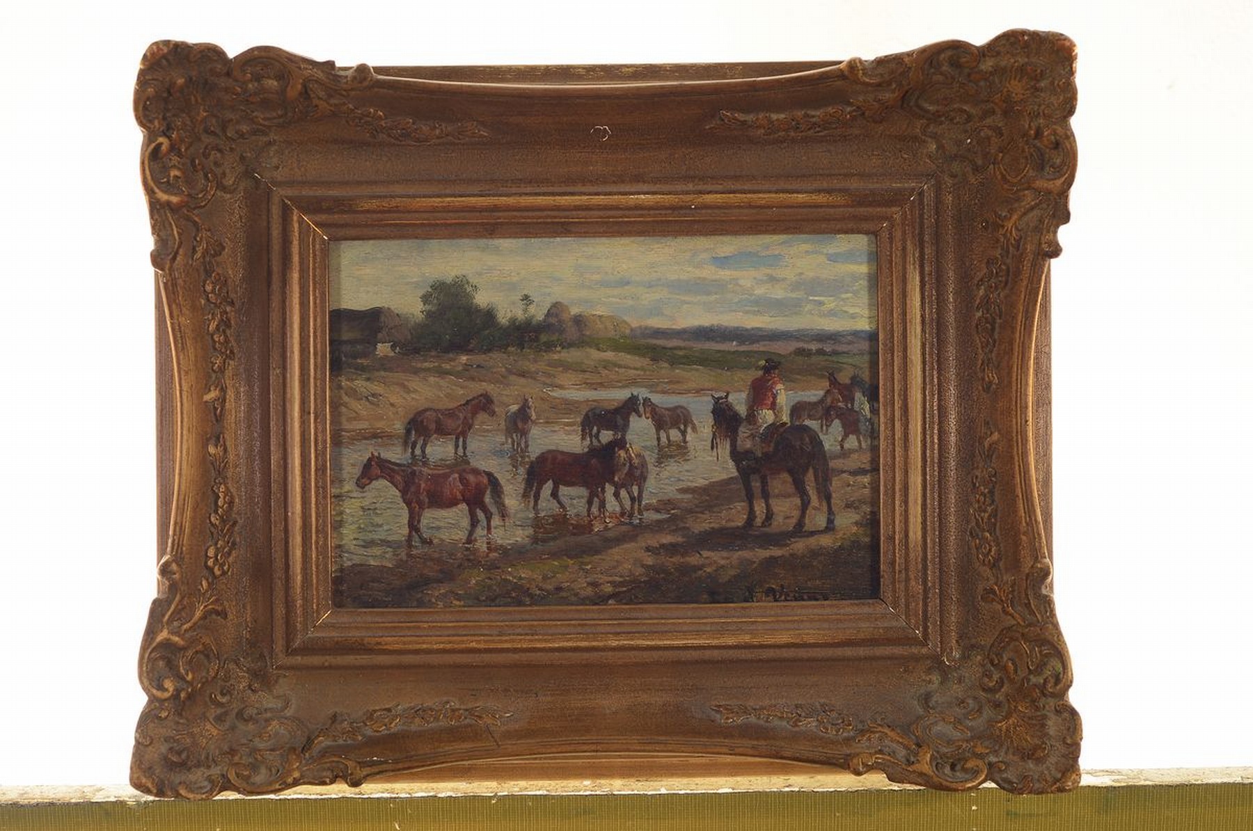 Detail k: Fritz van der Venne, 1873-1936 München, Tier- und Landschaftsmaler, hier: Pferde an der Tränke mit ungarischen Hirten, Öl/Holz, signiert, ca. 23 x ...