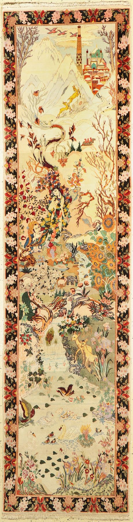 Esfahan fein, signiert, (Safarmanesh), Persien, ca. 20 Jahre, Korkwolle mit und auf Seide, ca. 300 x 75 cm, ca. 1.0 Mio. Kn/qm, EHZ: 2