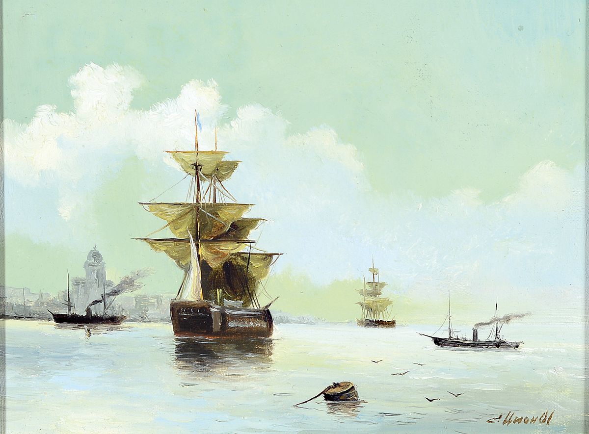 Serguei Tzyon, geb. 1962, Republik Mari El, verstorben ca. 2012, Sujets aus der klass. Kunst, Segelschiffe vor Hafen, Öl/Lwd, re. u. signiert, bet. ...