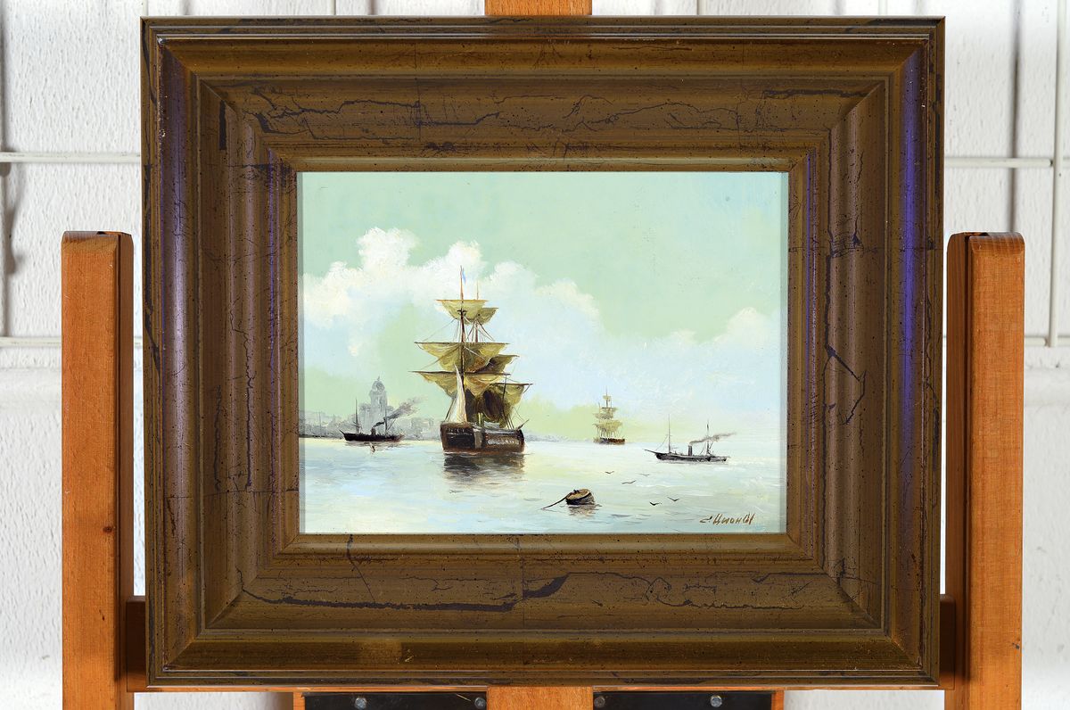 Detail k: Serguei Tzyon, geb. 1962, Republik Mari El, verstorben ca. 2012, Sujets aus der klass. Kunst, Segelschiffe vor Hafen, Öl/Lwd, re. u. signiert, bet. ...