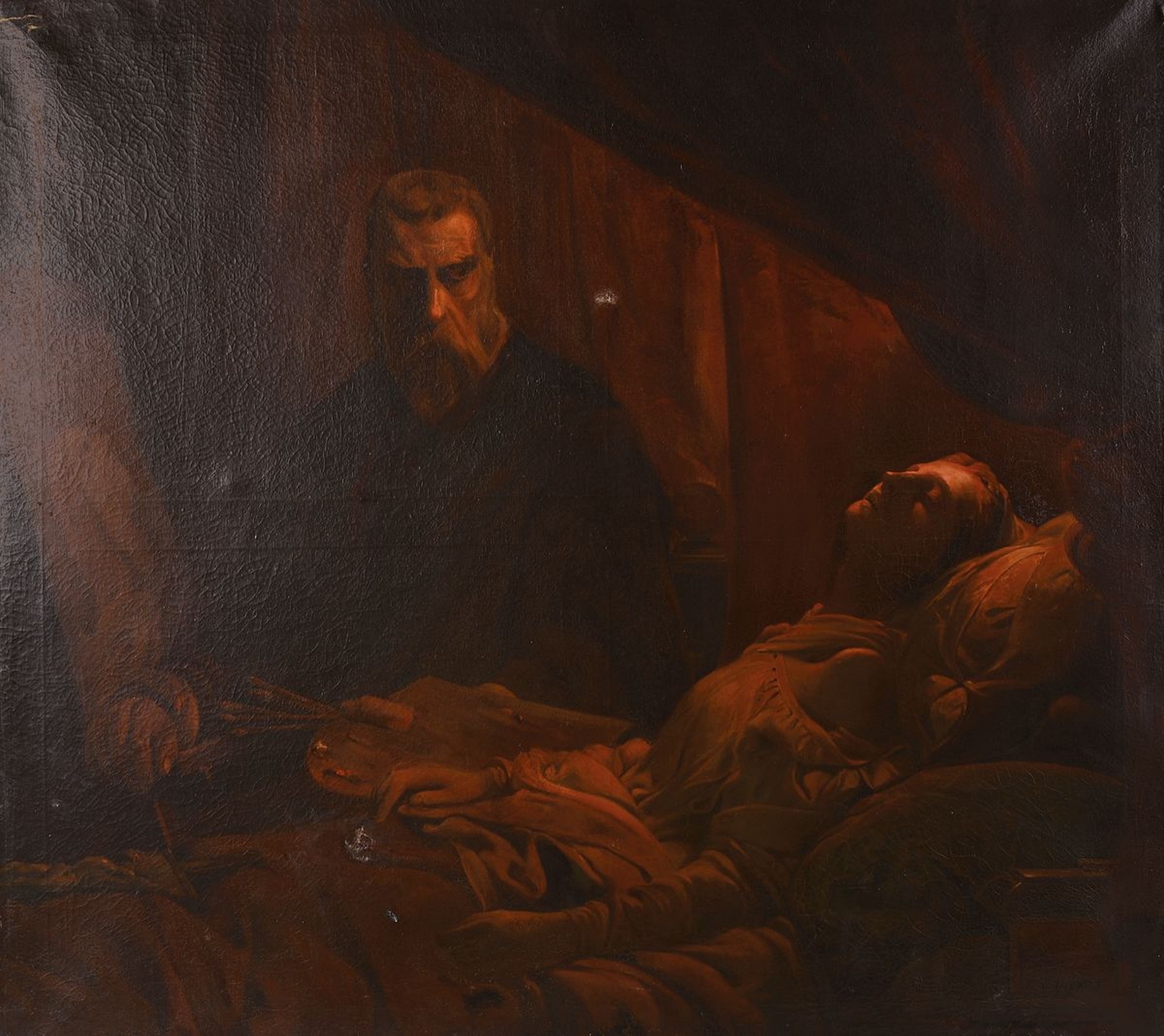 Ungedeuteter Künstler datiert 1893, großformatige Kopie nach Leon Cogniet (1794 -1880): Tintoretto seine Tochter malend, von 1843, Darstellung ...