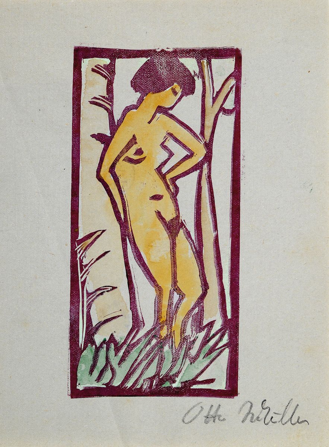 Otto Müller, 1874 - 1930, Farbholzschnitt, Frauenakt, handsigniert, 17.5 x 13 cm, leichte Knickspuren, rückseitig Reste von Stempel