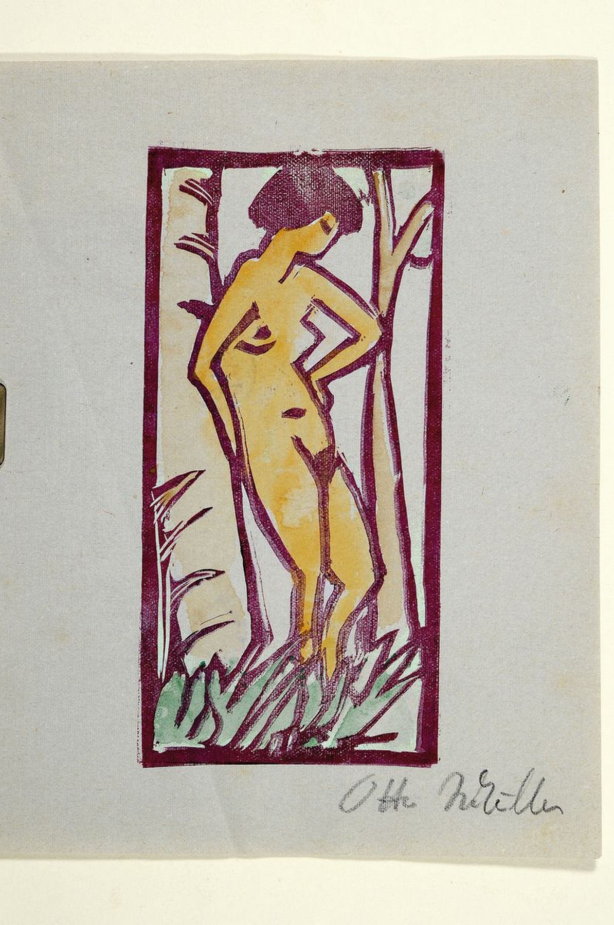 Detail k: Otto Müller, 1874 - 1930, Farbholzschnitt, Frauenakt, handsigniert, 17.5 x 13 cm, leichte Knickspuren, rückseitig Reste von Stempel